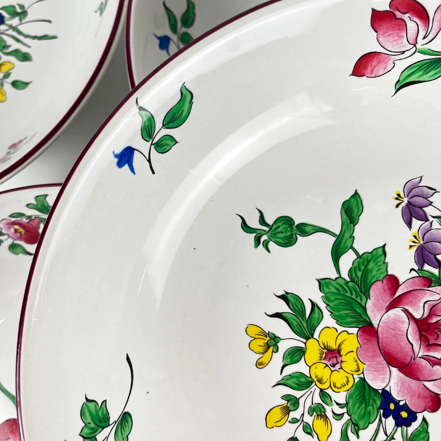 Set of 6 calotte plates Model Réverbère by KG Lunéville, tulip & rose pattern.