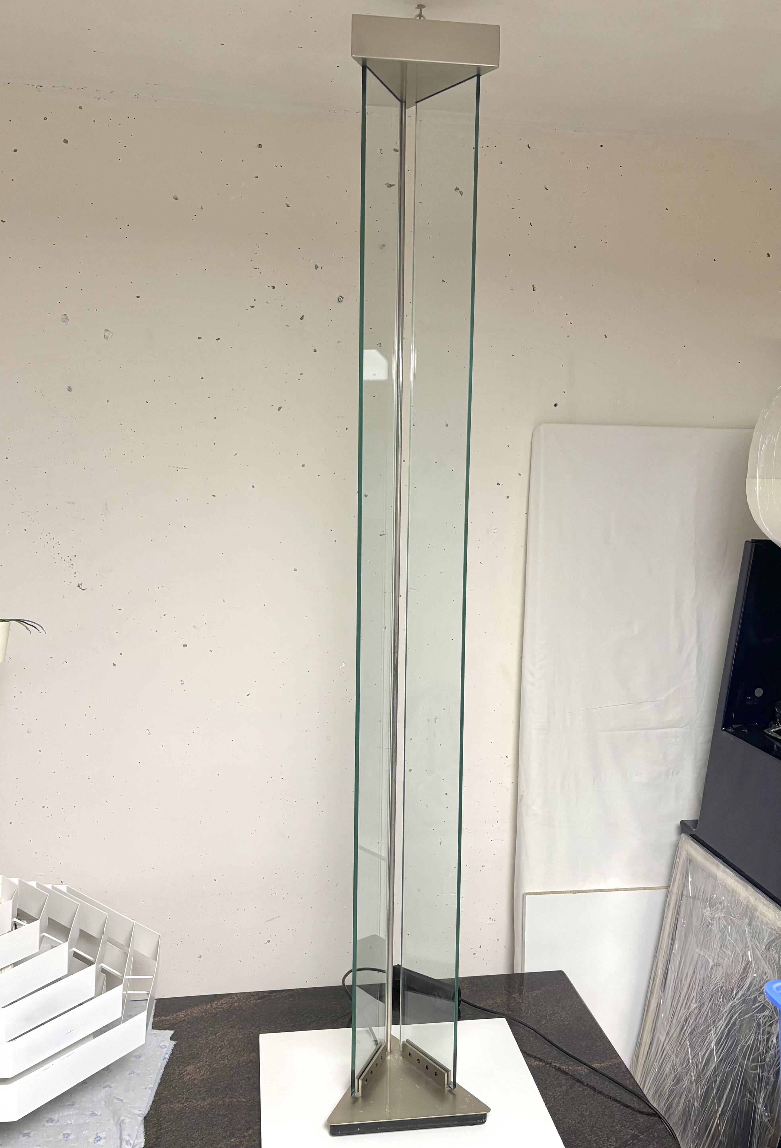 Glass and chrome-plated steel floor lamp, Mauro Marzollo, TVE 1980