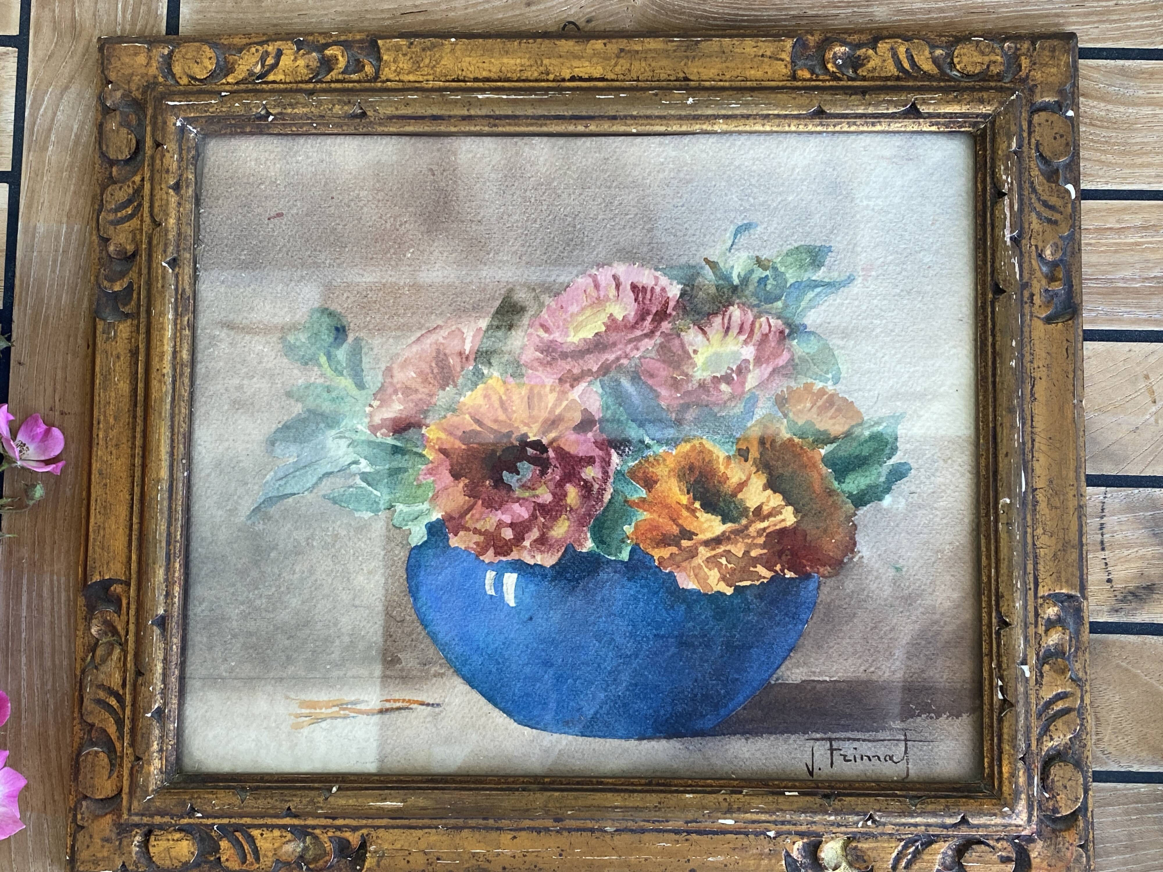 Aquarelle "bouquet de zinias" signée ancienne