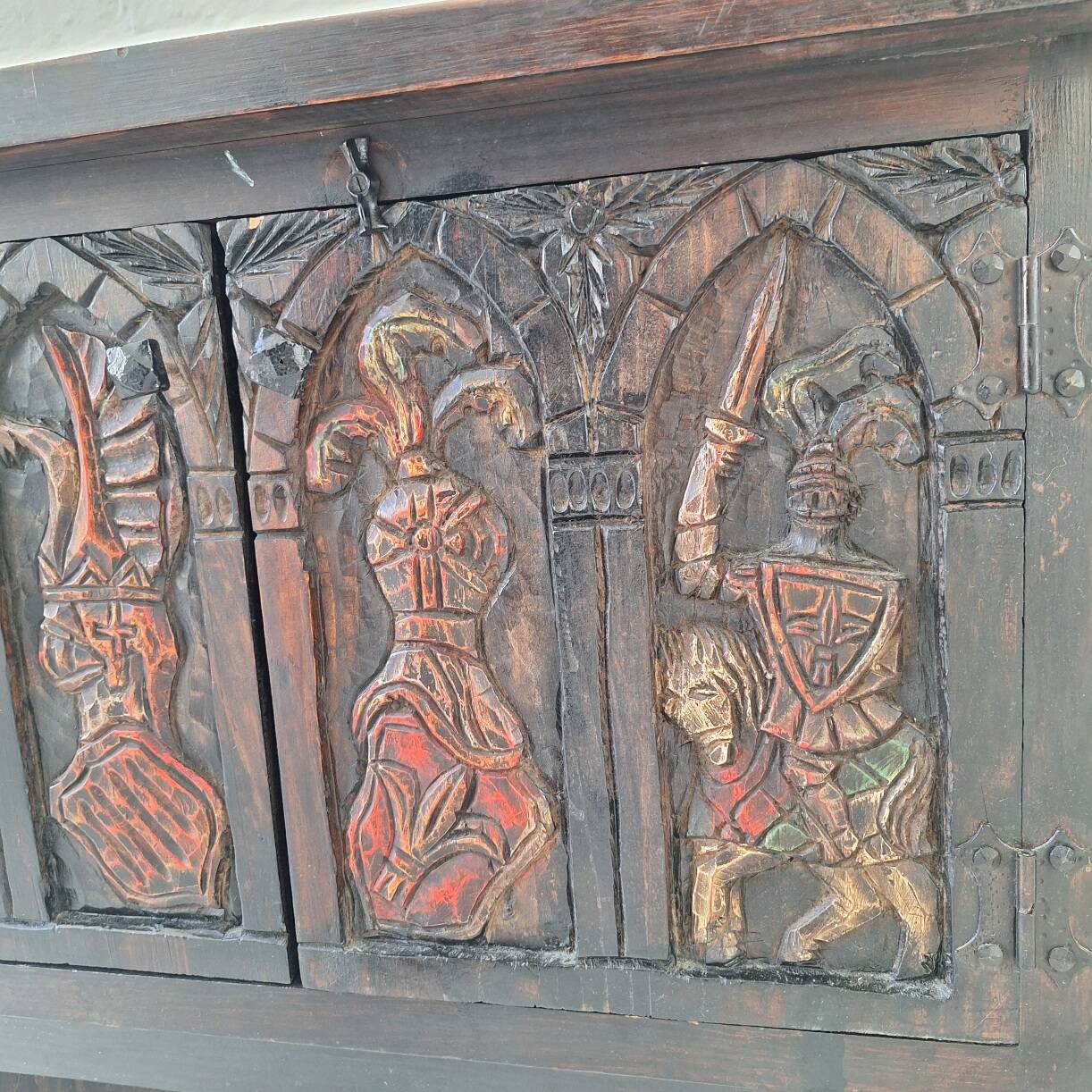 Arts of México Spanish colonial carved  painted console / sideboard, 1940s