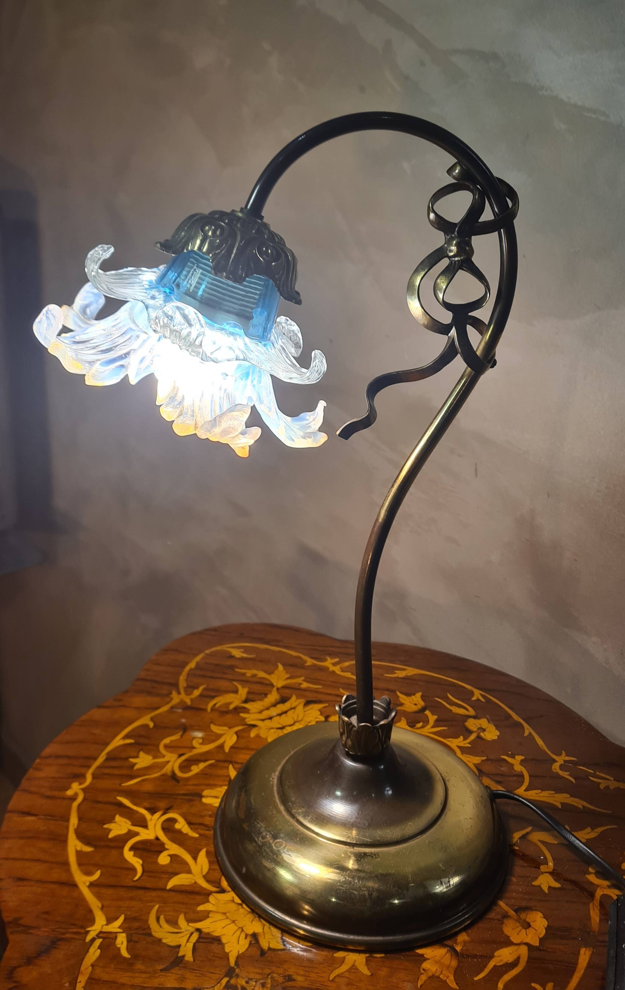 brass lamp 1975 electric working superb blue translucent tulip 42x30