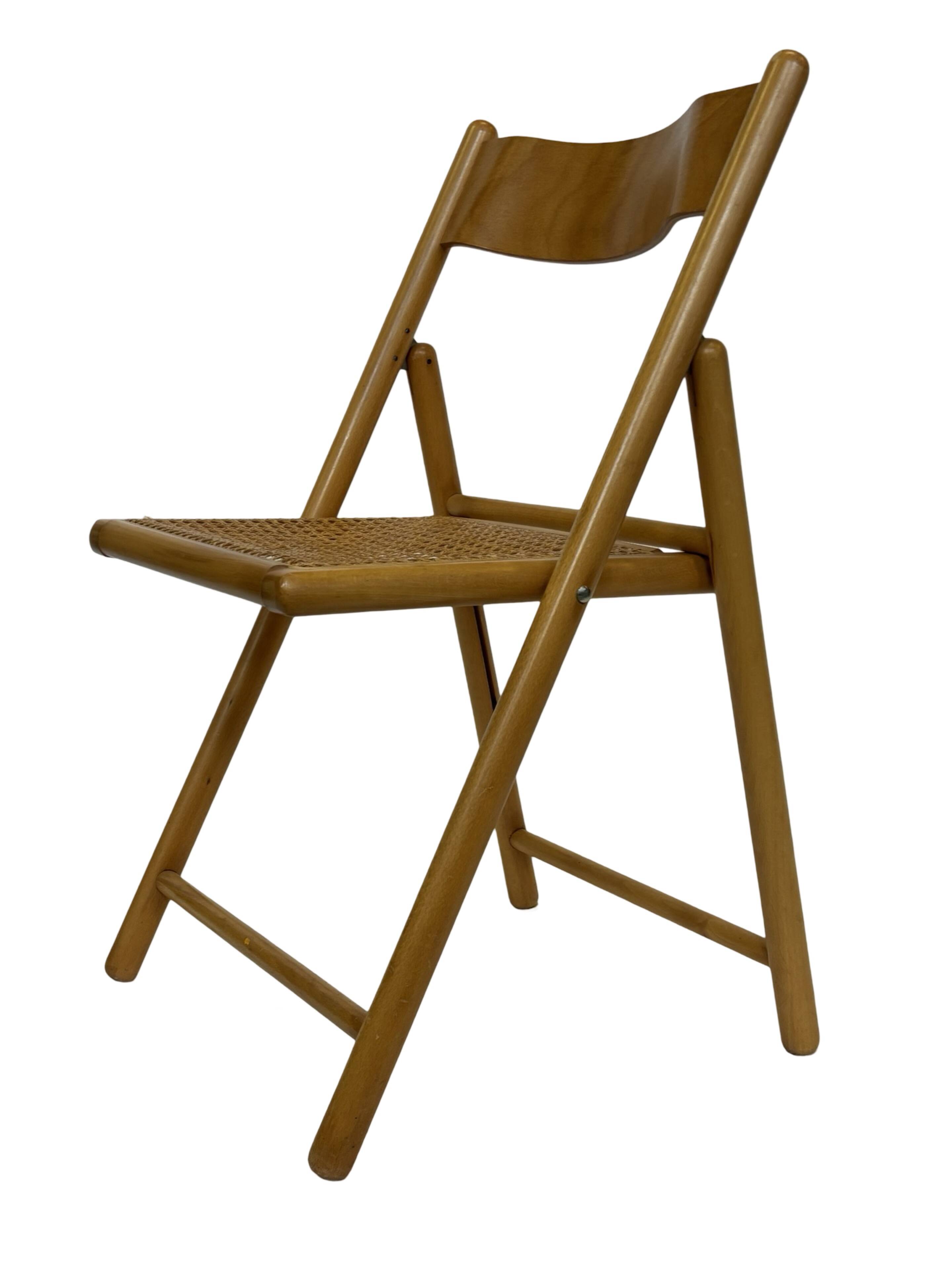 Vintage wooden folding chair with rattan seat 80s minimalist design