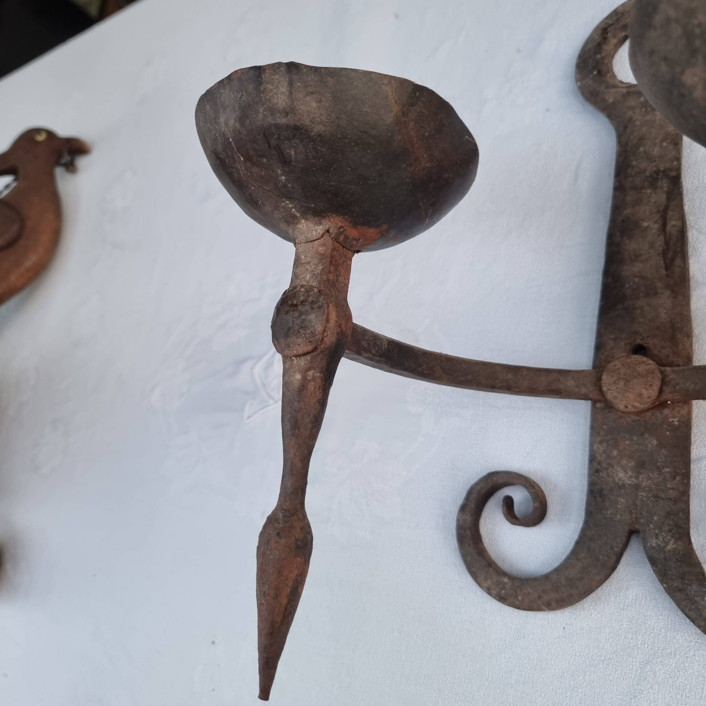 Pair of antique 15th century medieval castle wrought iron candlesticks