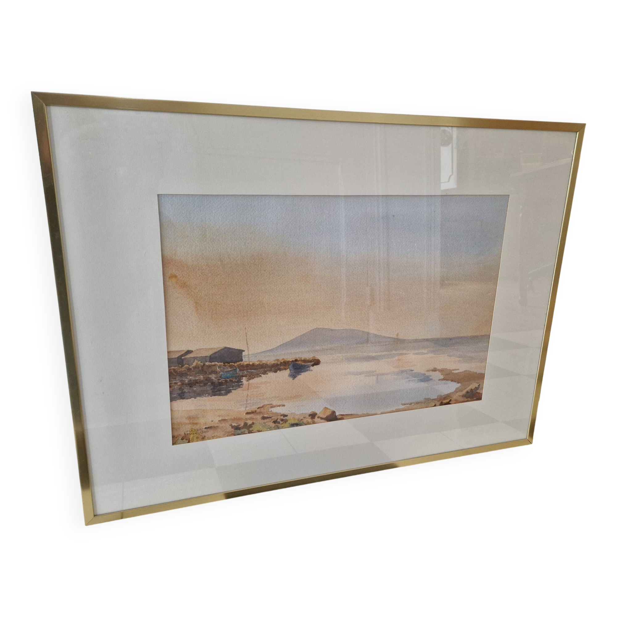 Original watercolor "Mèze" framed by JP Lardat, 1980