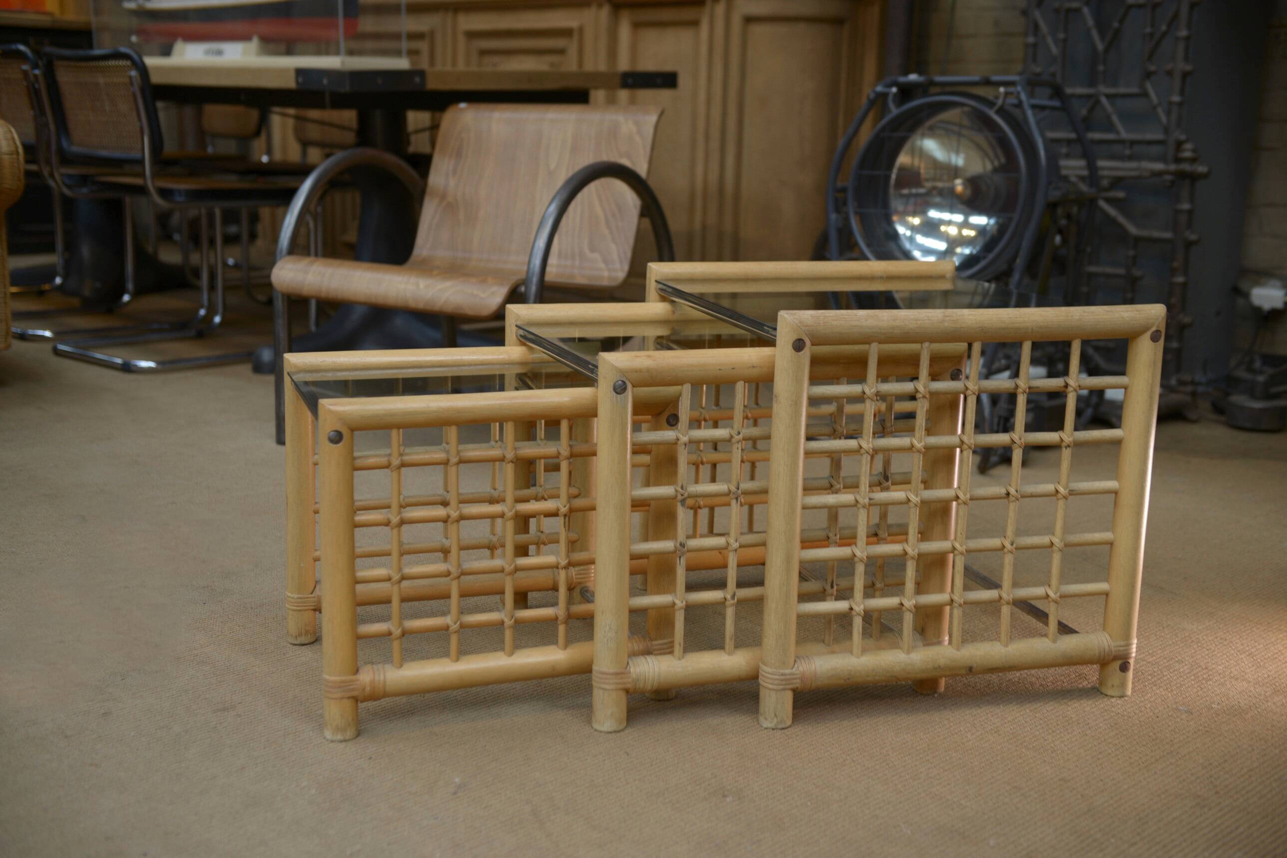 Set of 3 bamboo nesting tables 1960
