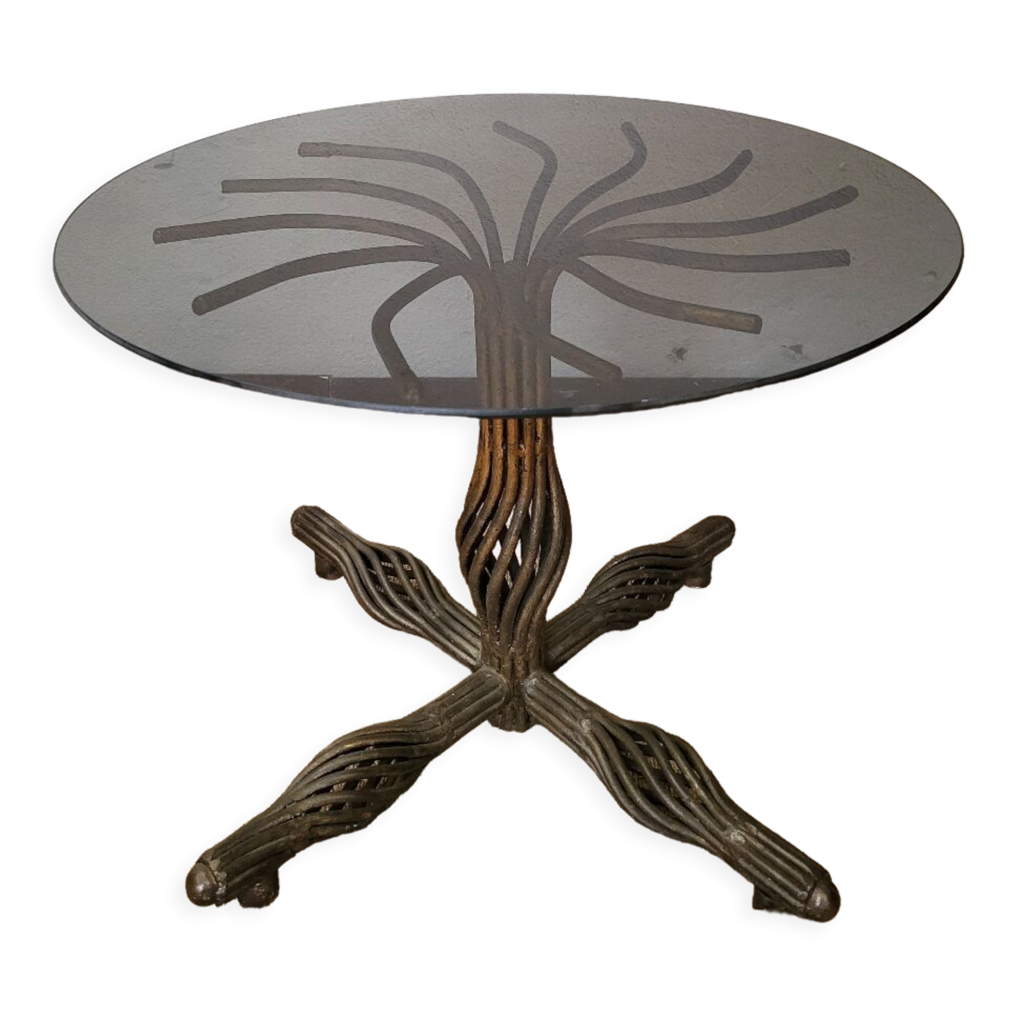 1970s modernist coffee table in smoked glass and metal.