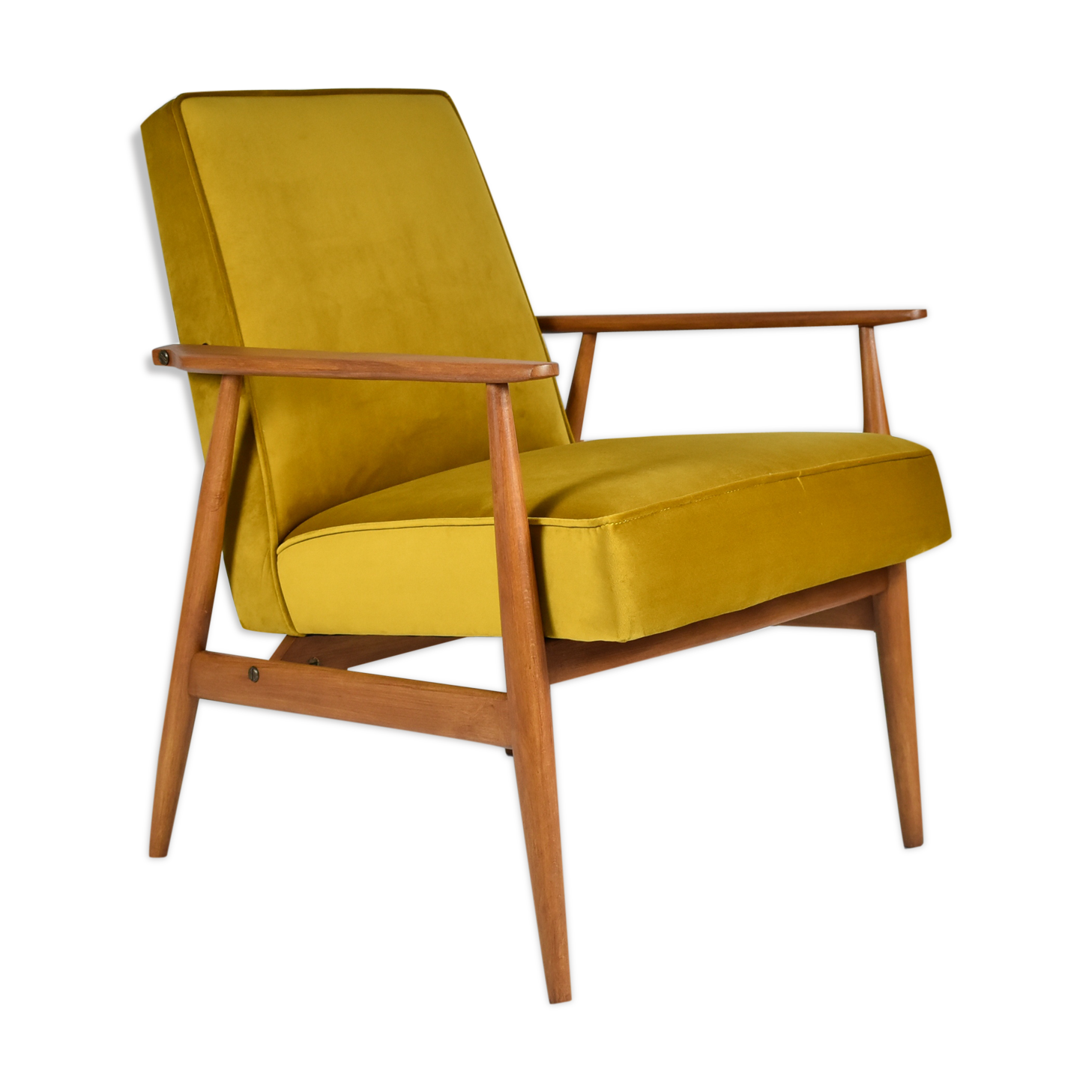Polish vintage armchair "Fox" designed by H. Lis, fully renovated, 60s, yellow velvet-golden autumn