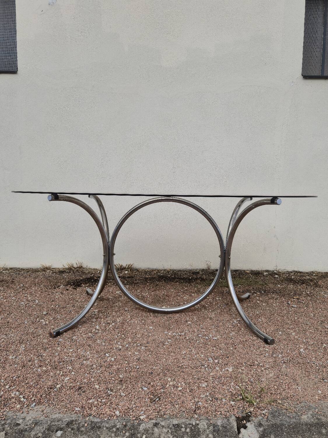 Vintage oval design table in smoked glass and chrome legs