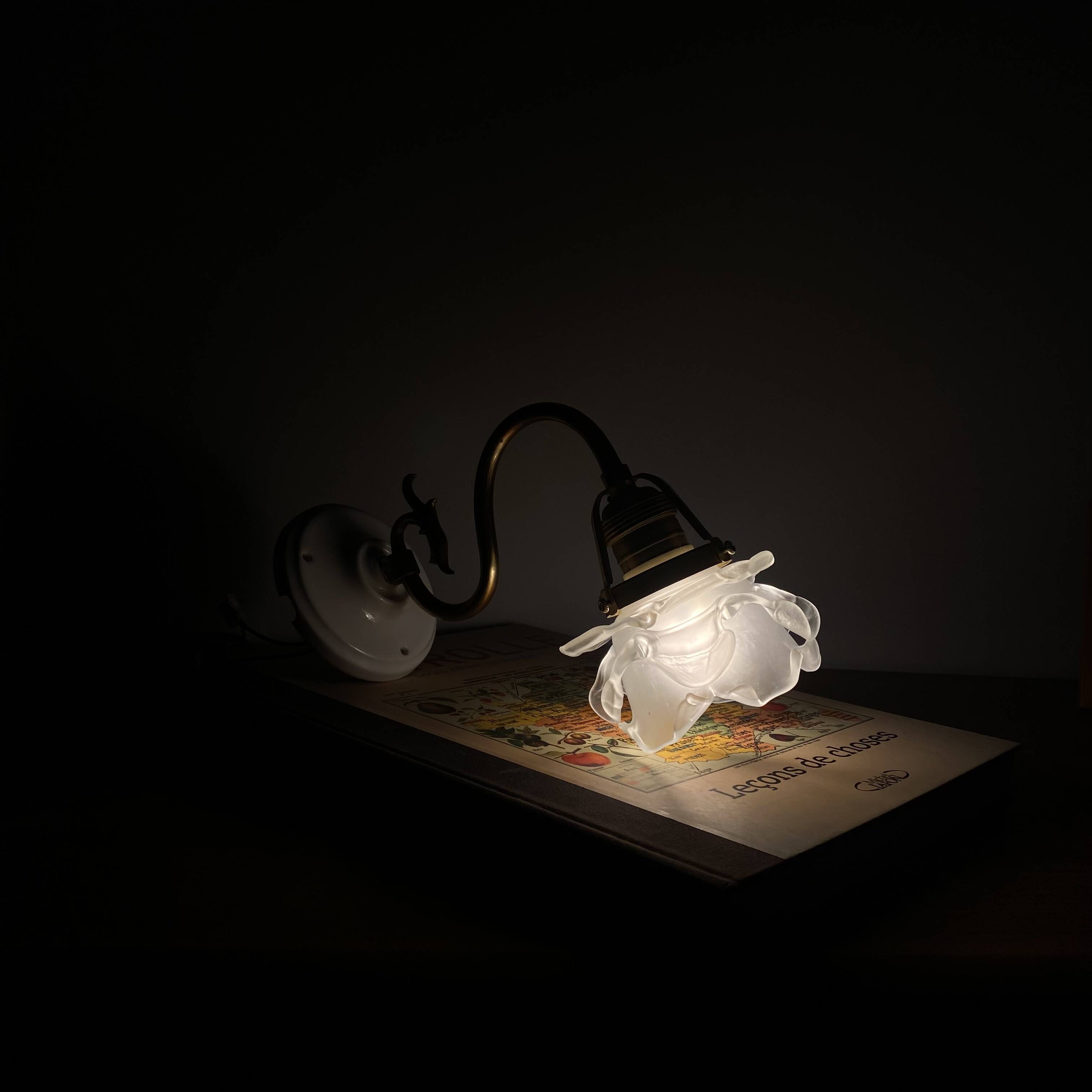 Swan neck wall light in brass with rose petal glass shade.