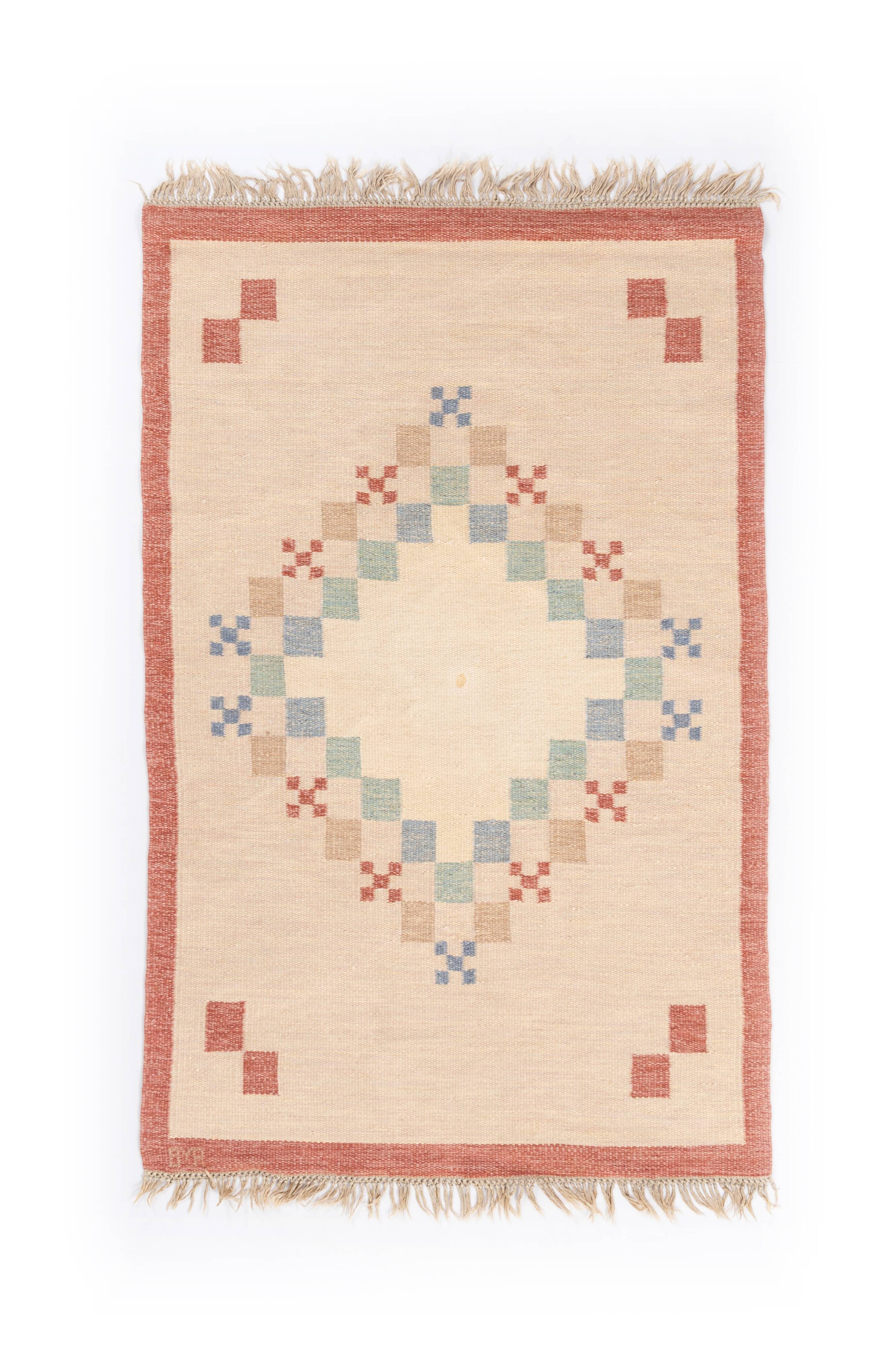 Scandinavian Mid-Century Flat Weave Rug by Anne-Marie Boberg. 202 (218 incl. the fringes) x 129 cm