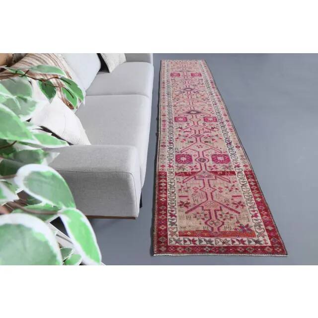 1970s Vintage Turkish Hand-Knotted Wool Cotton Beige Runner Rug 80x348