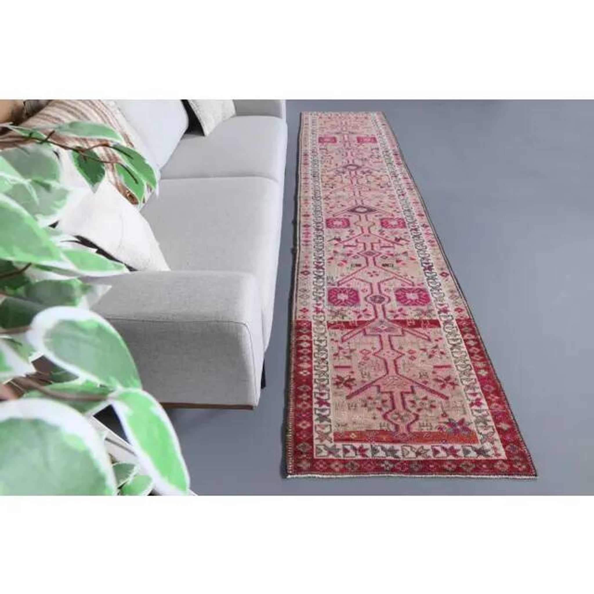 1970s Vintage Turkish Hand-Knotted Wool Cotton Beige Runner Rug 80x348