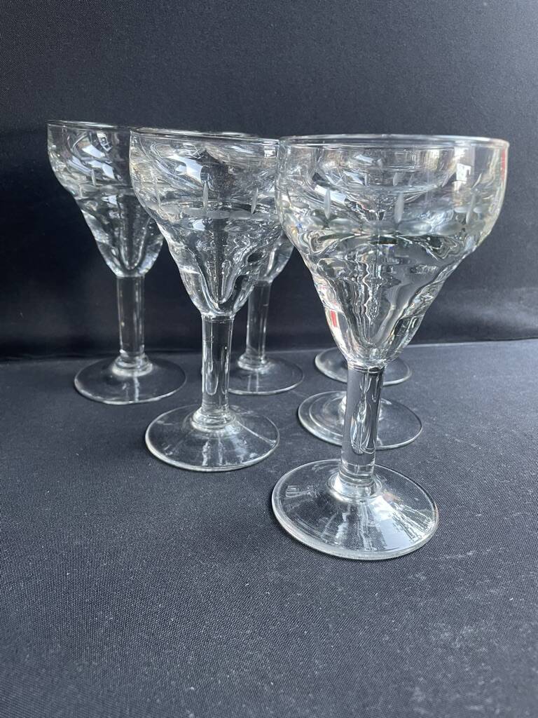 6 old blown and cut bistro glasses