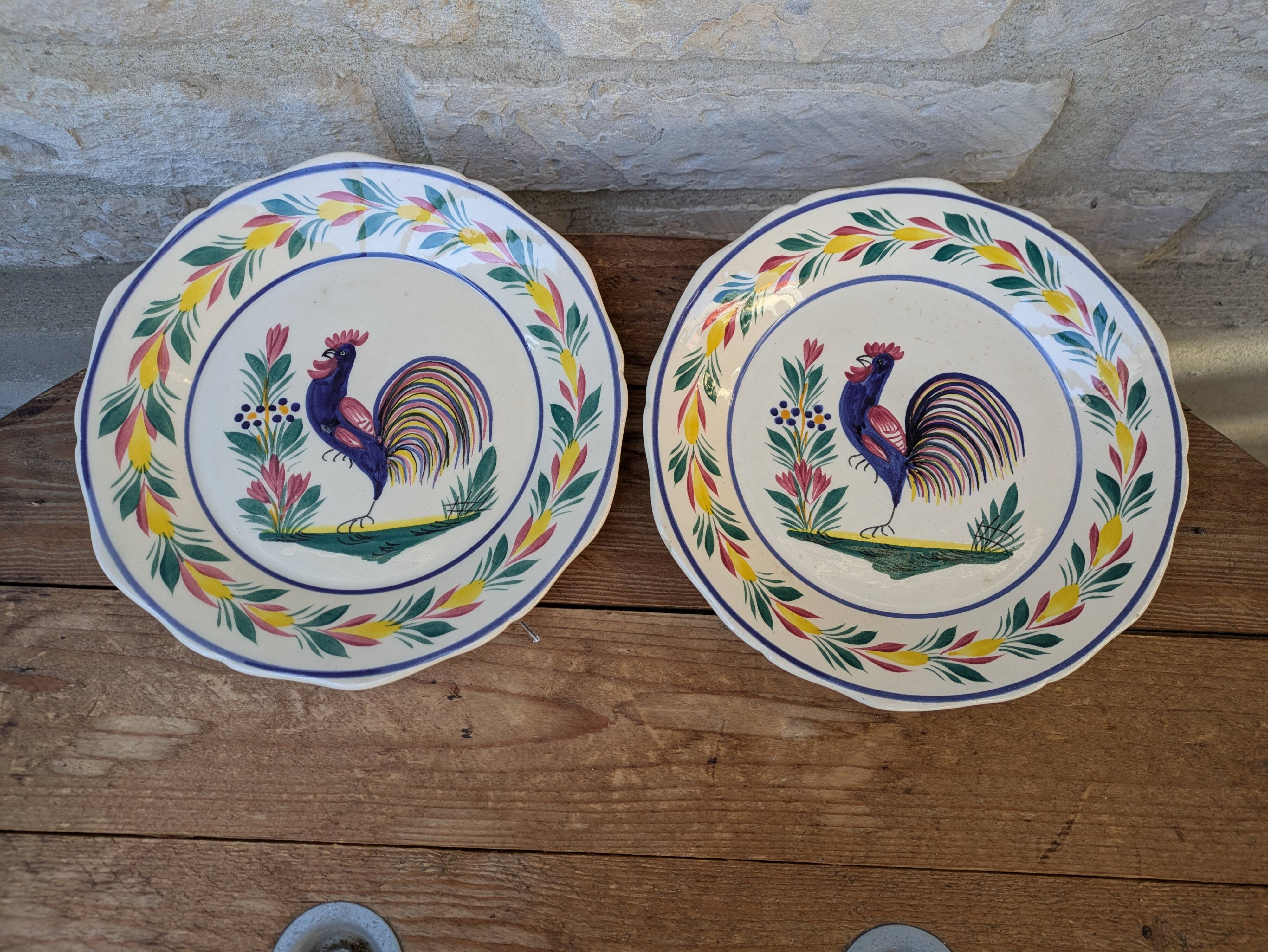 Set of 2 old HB Henriot Quimper plates with rooster motif