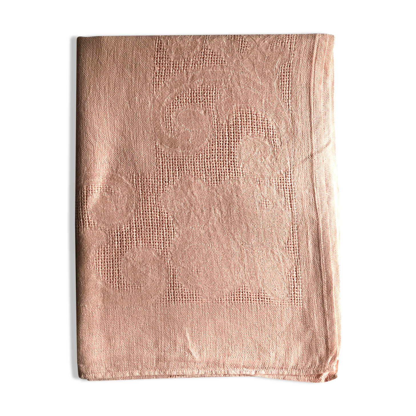 Antique tablecloth in pure linen tinted coral pink