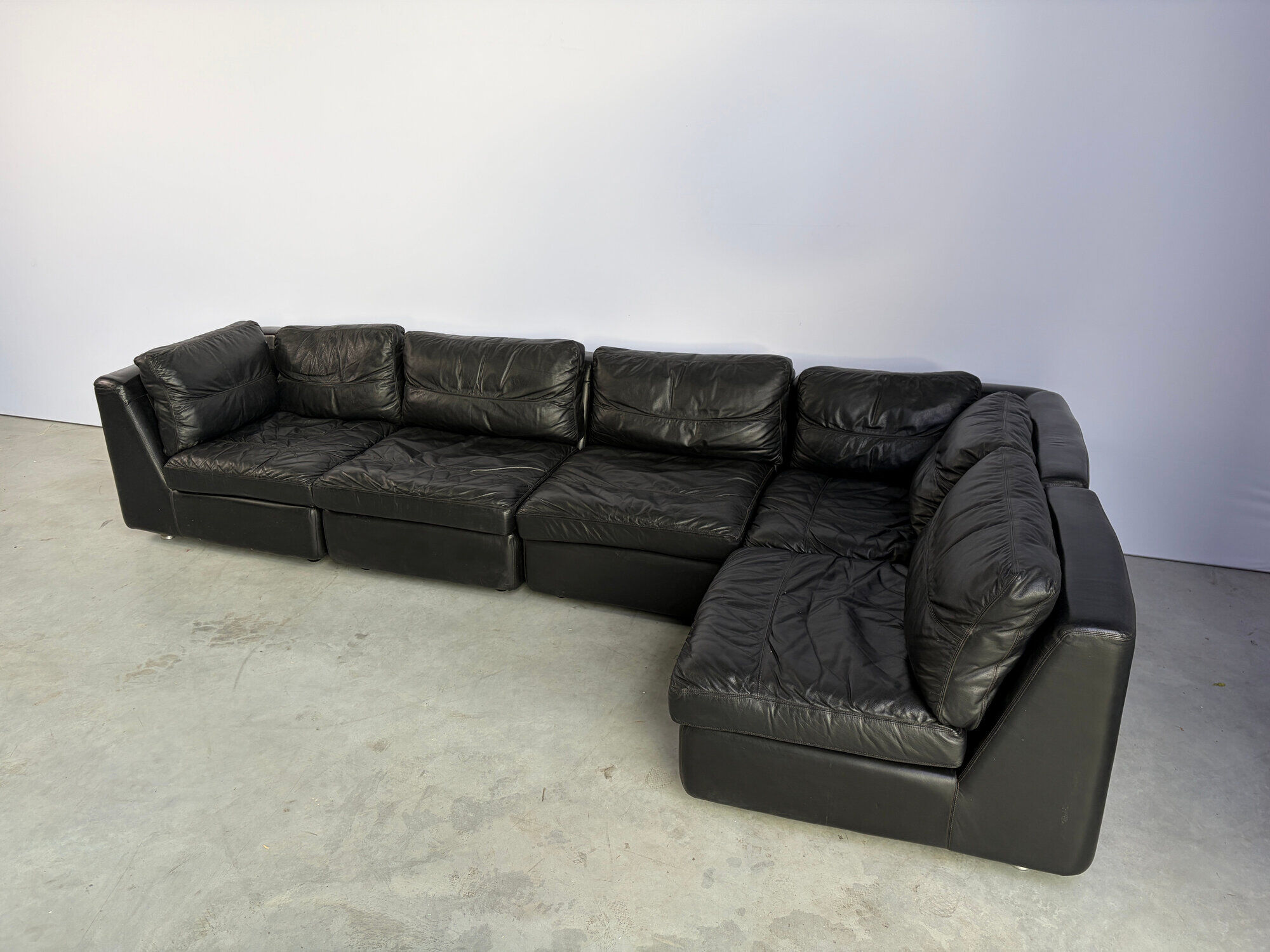 Vintage black leather modular sofa, 1970s