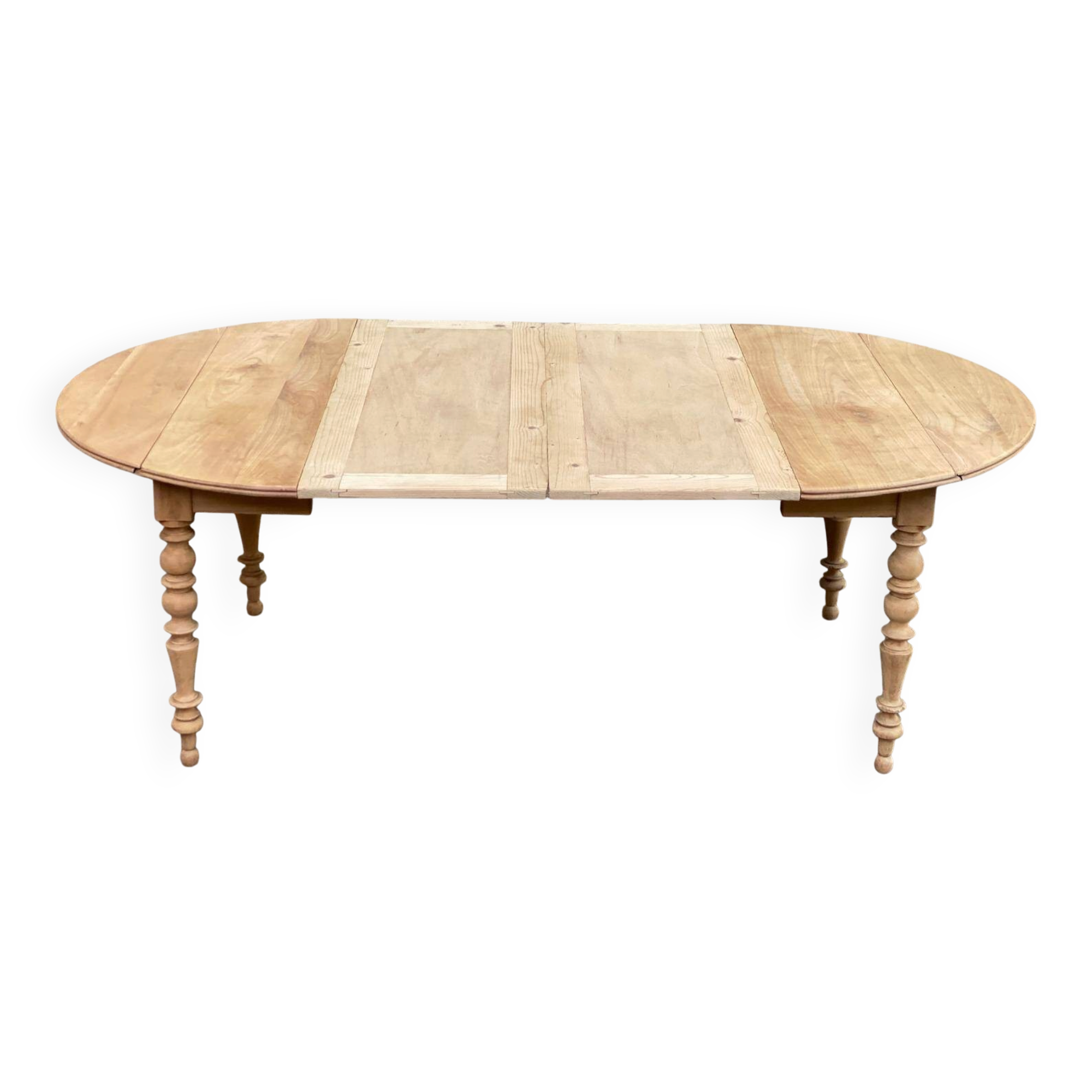 Table à manger ronde extensible à volets décapée en noyer brut 2 rallonges