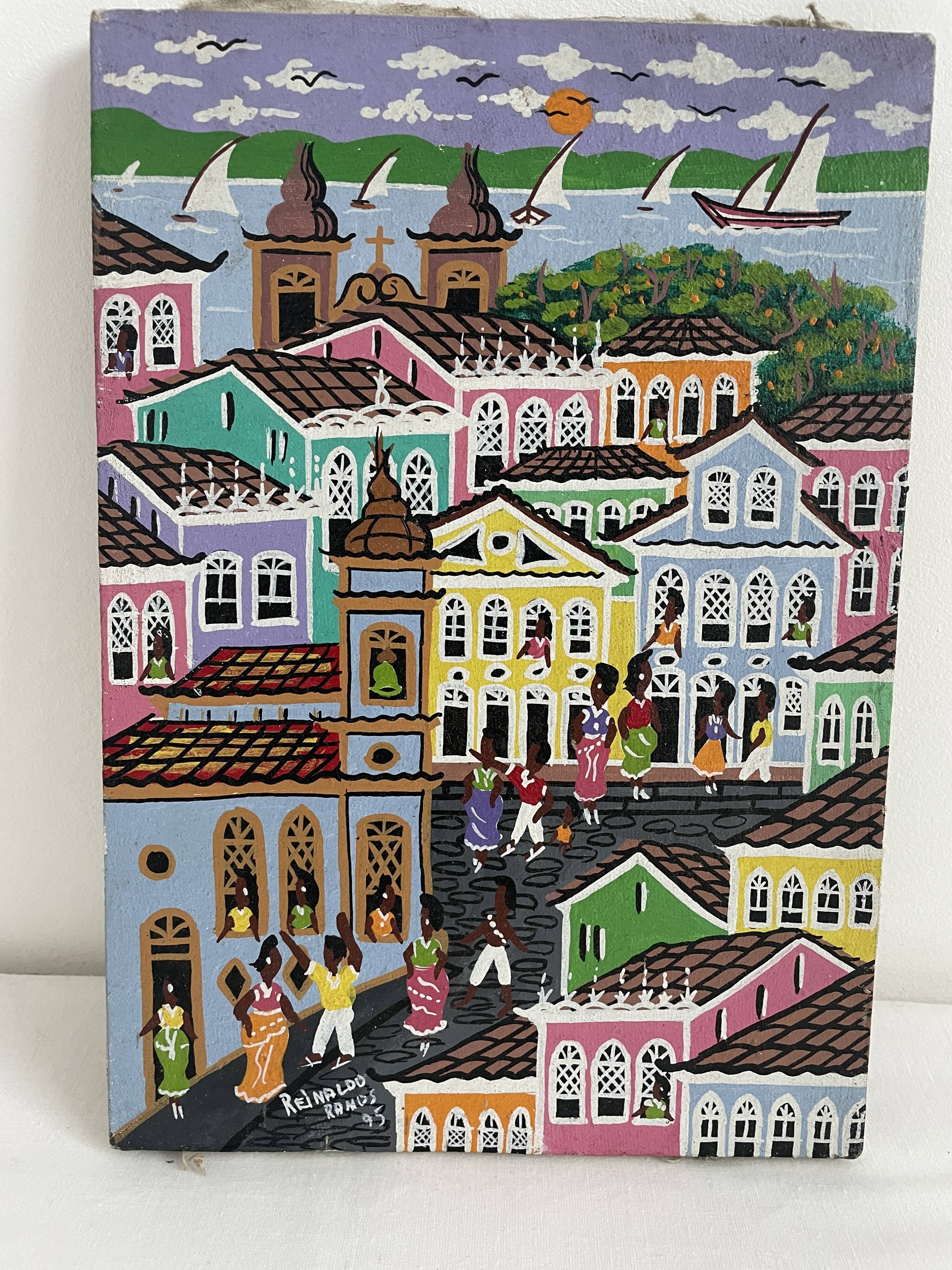 Acrylic painting, naive art, street scene Brazil, colorful colonial houses, sea, sailing boats