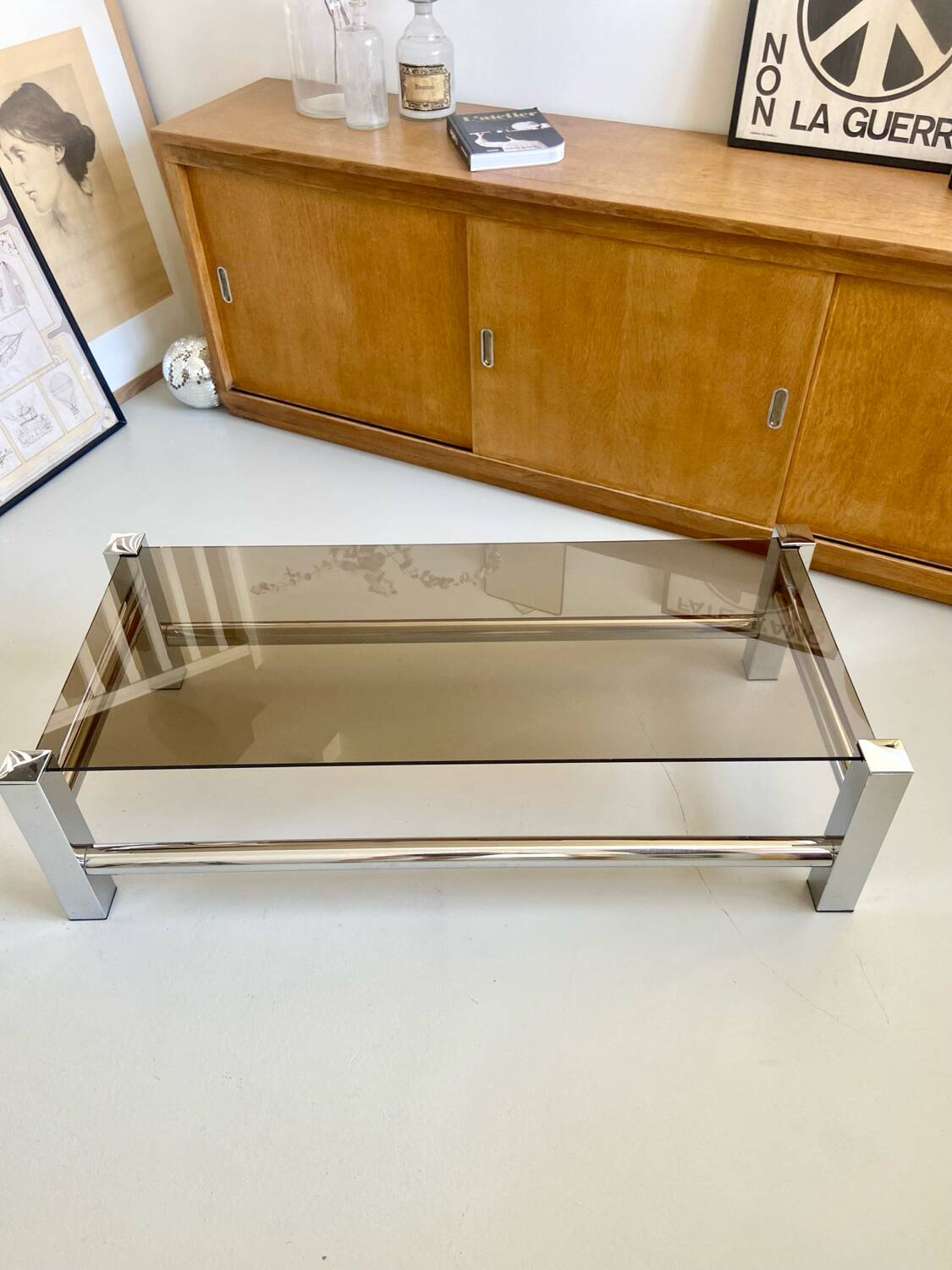 Vintage chrome metal table / smoked glass 1970