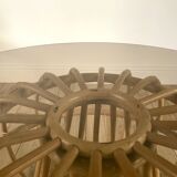 designer round coffee table in rattan and smoked glass 70s