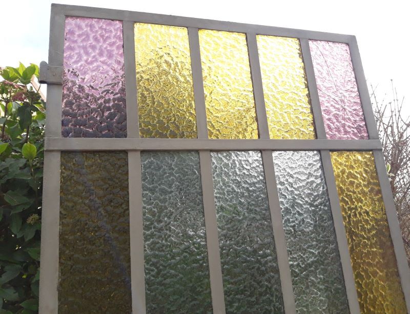 Workshop door 258.4x98.5cm in iron and colored cathedral glass