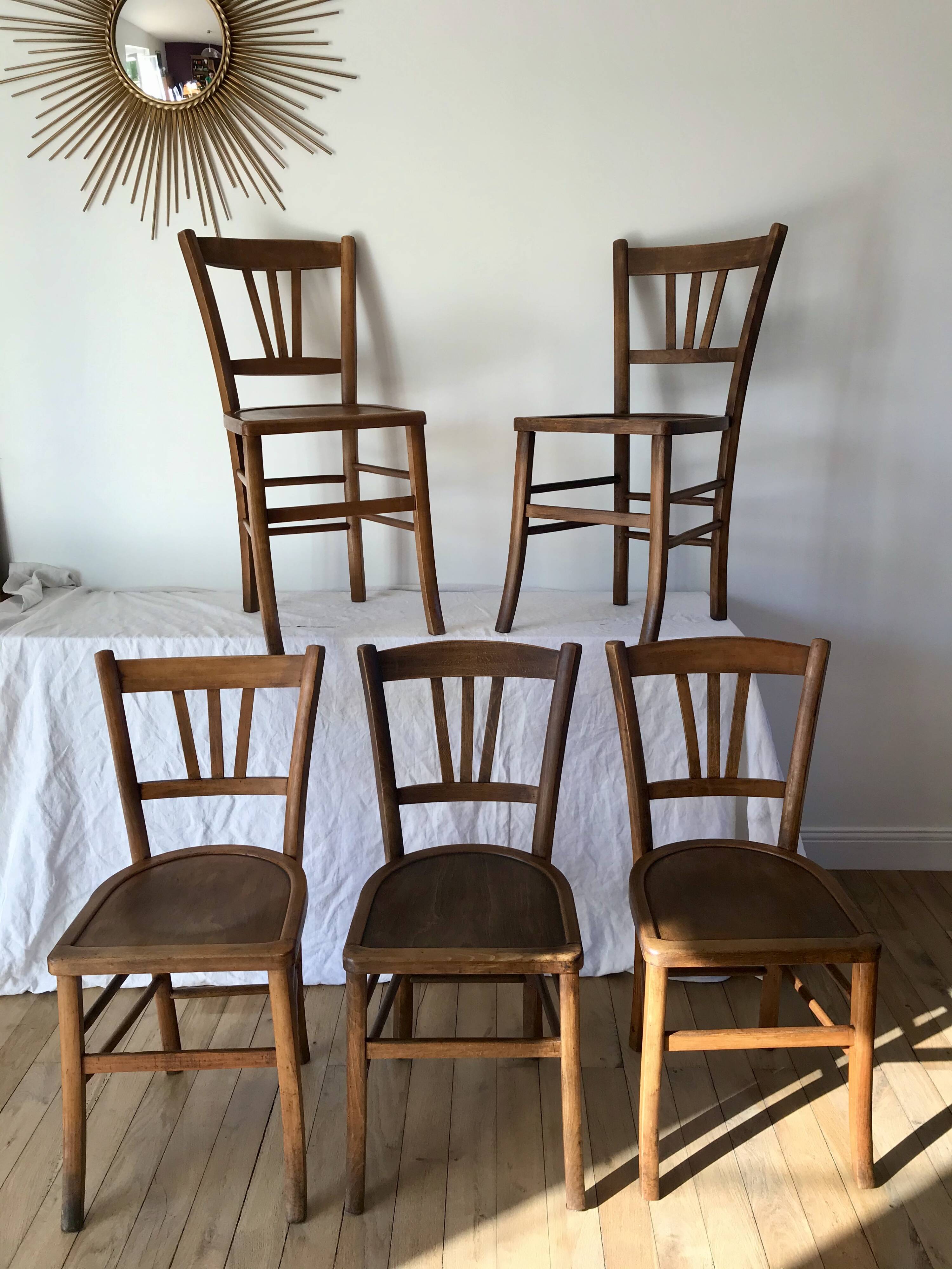 Set of 5 beech wood bistro chairs from the 1950s