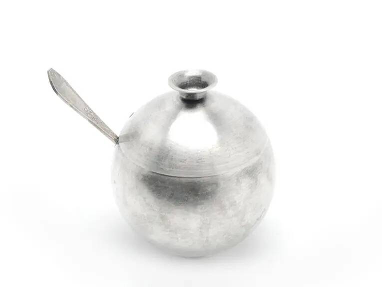Mid-century modern sugar bowl, silver-plated brass, Poland, 1960s
