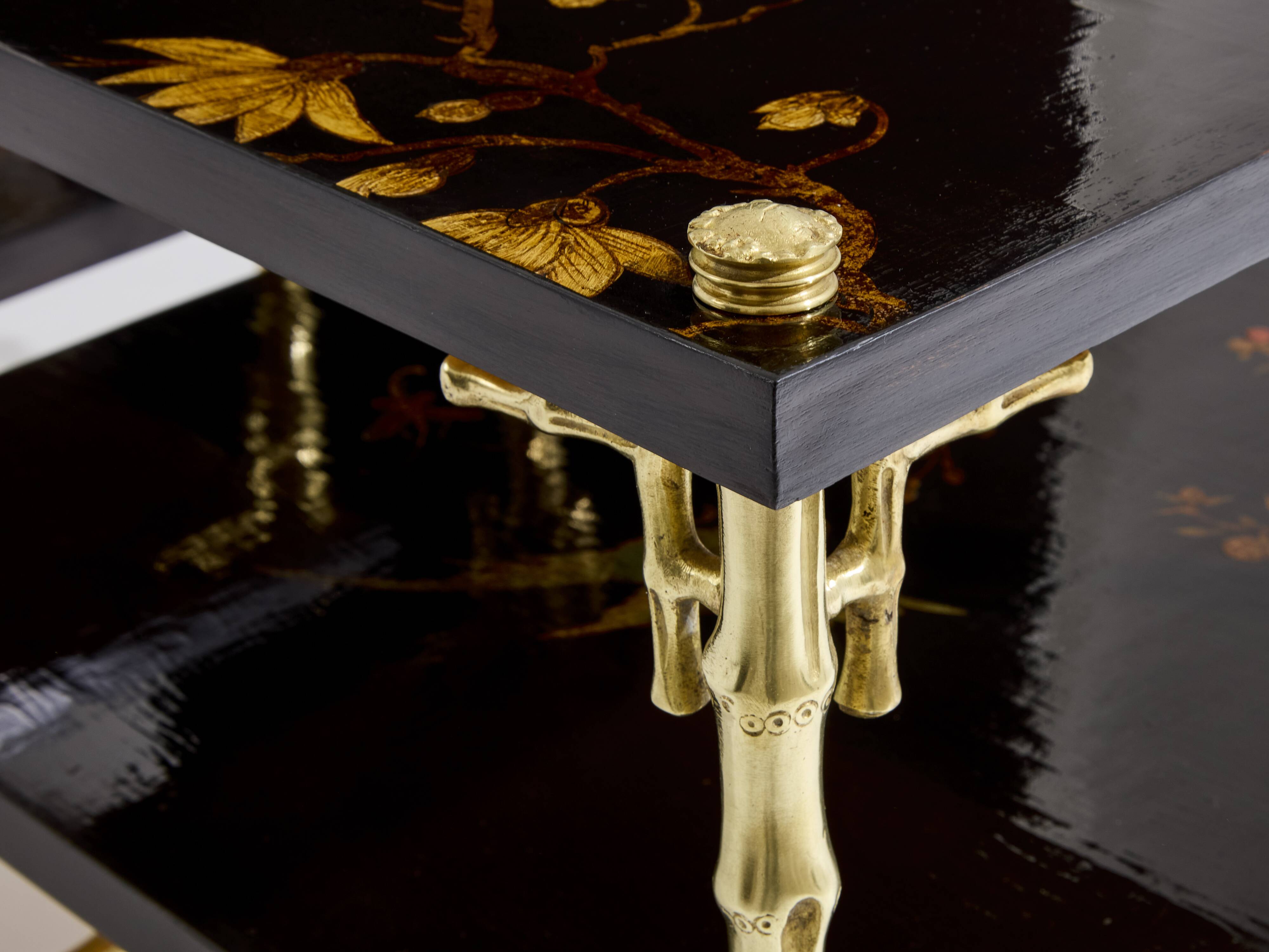 Bamboo bronze lacquered Chinese side tables Maison Baguès 1940