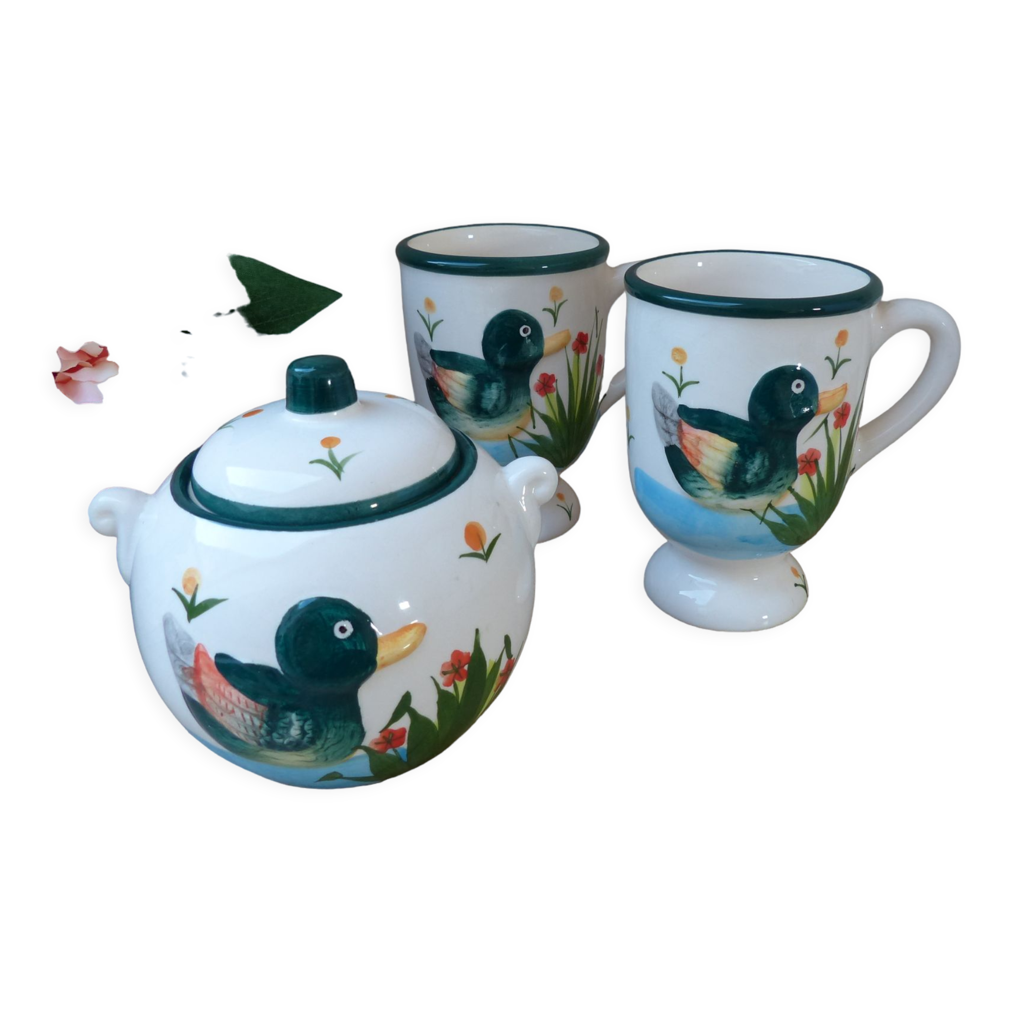 Sugar set and duo mugs, two ceramic cups decoration ducks birds green and yellow painted
