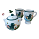 Sugar set and duo mugs, two ceramic cups decoration ducks birds green and yellow painted