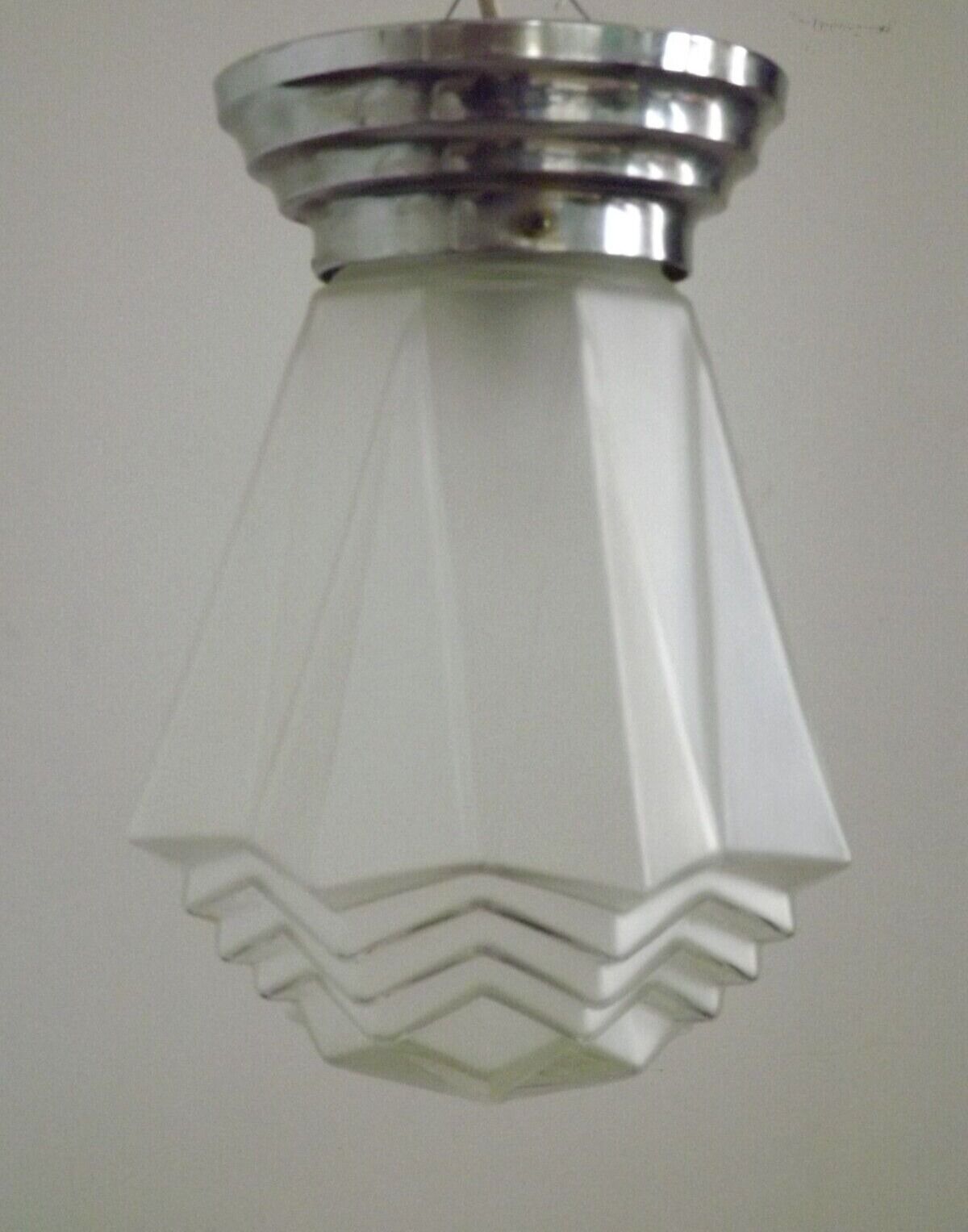French 1920's-1940's art deco milk glass skyscraper tiered light fixture 3995