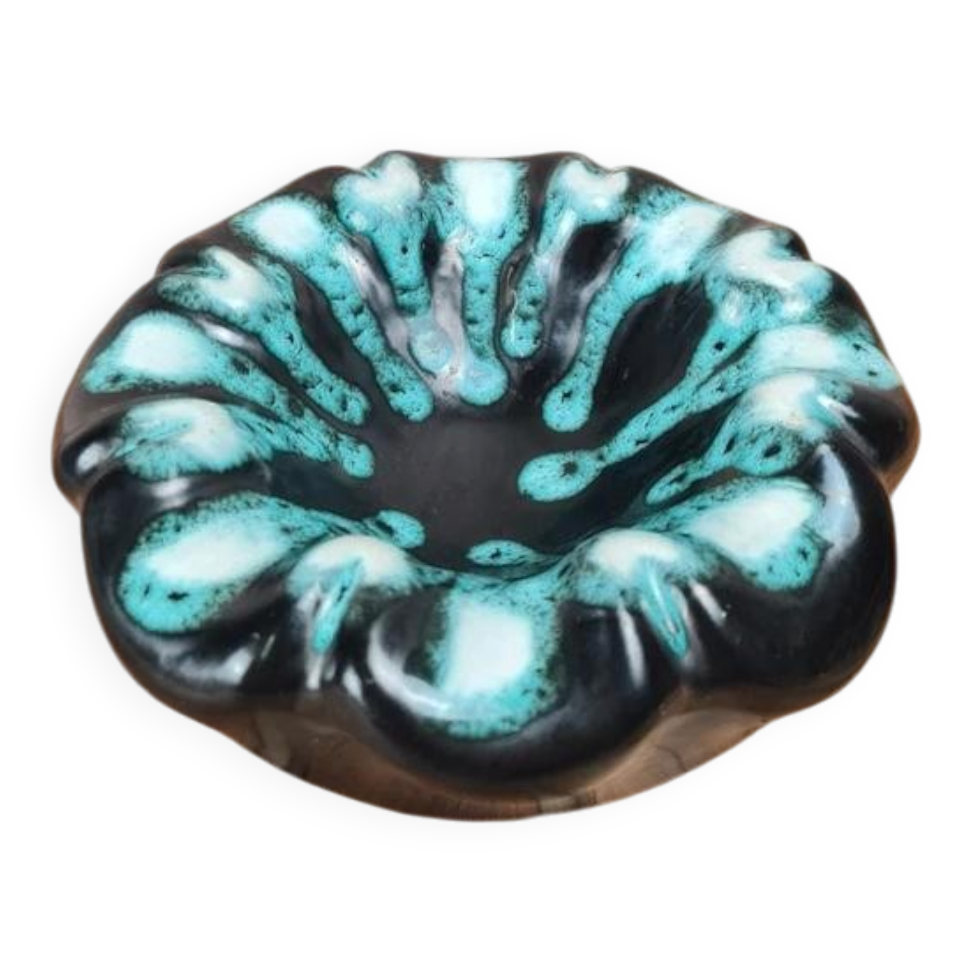 Vintage ashtray signed Vallauris – turquoise and black enamelled