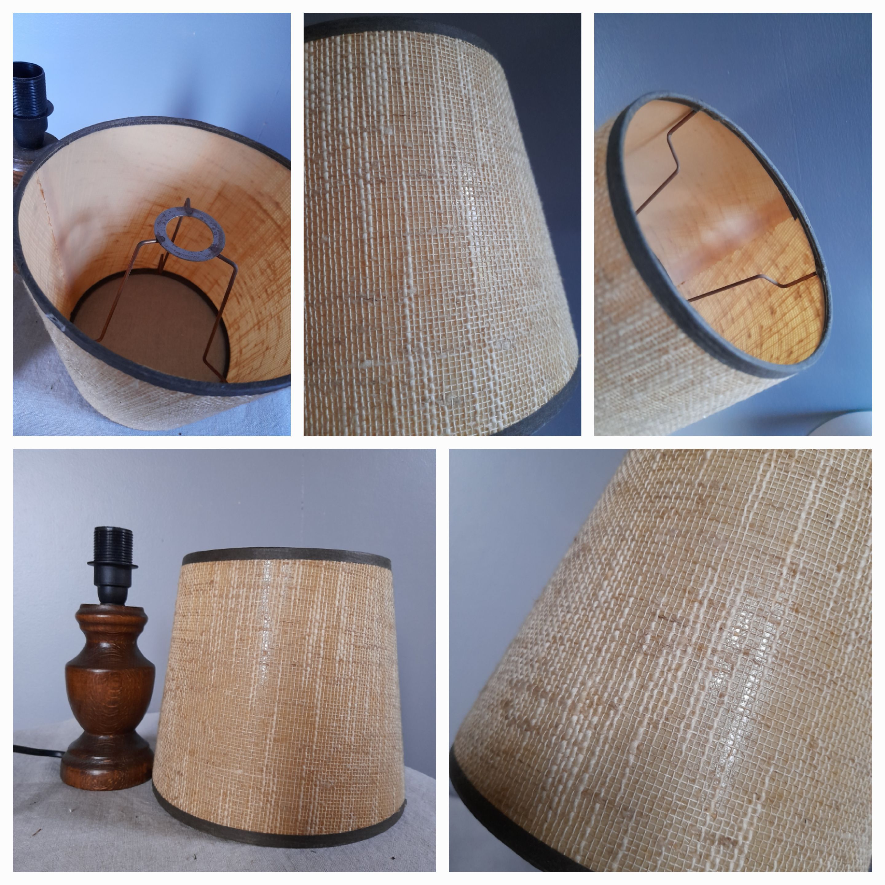 Table lamp foot turned wood, lampshade jute - vintage 1970