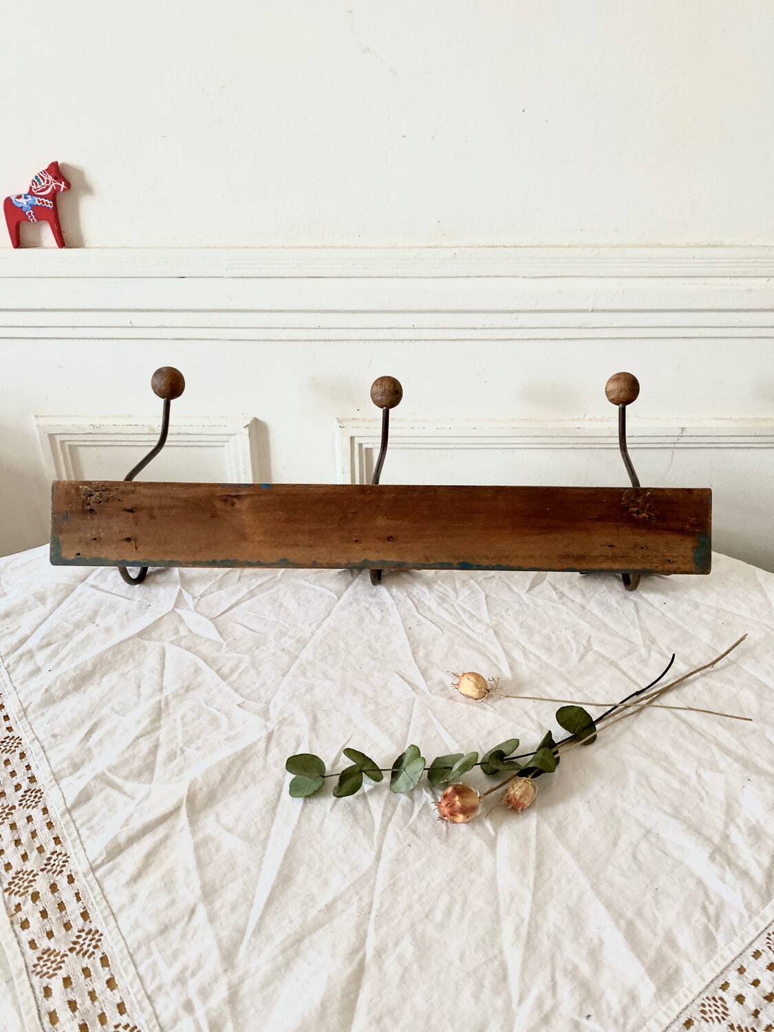 Vintage wood and metal coat hook 3 hooks