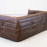 Vintage two-seater Togo sofa with arms in brown leather by Michel Ducaroy for Ligne Roset, 1970s