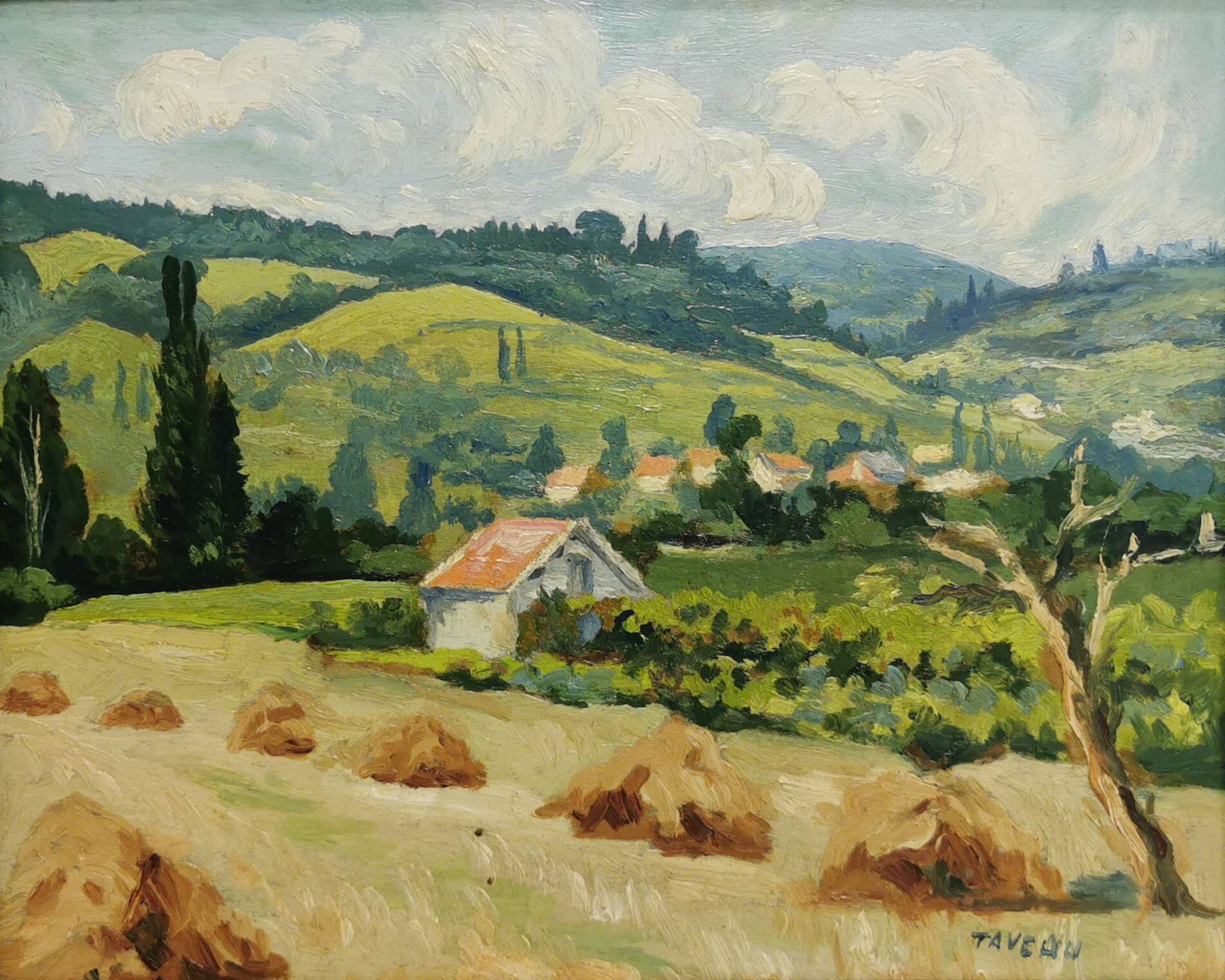 Painting / Oil signed TAVEAU. Countryside landscape, hills. Golden frame