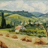 Tableau / Huile signée TAVEAU . Paysage champêtre , les collines . Cadre doré