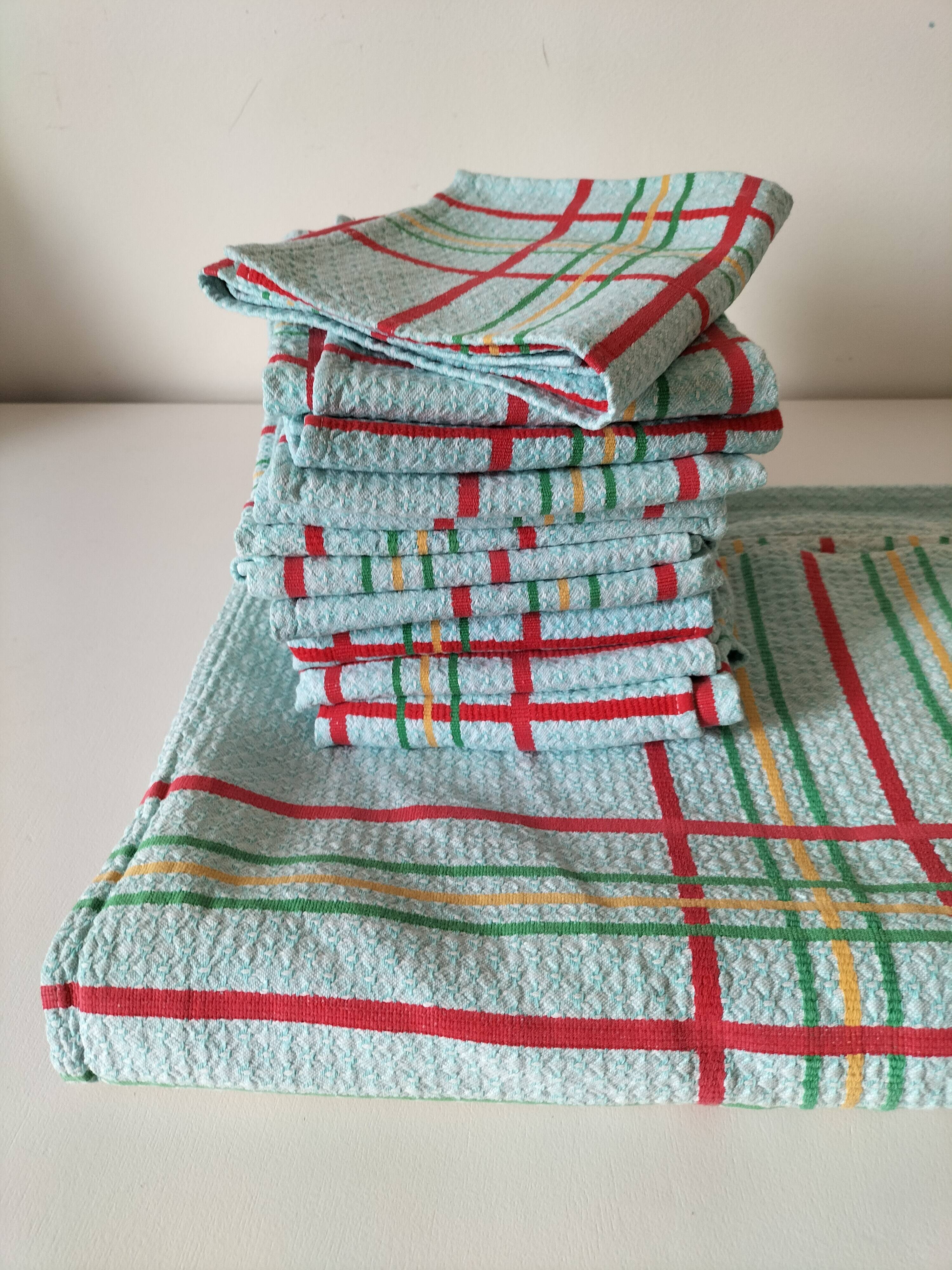 Ensemble nappe et 11 serviettes coton damassé vintage