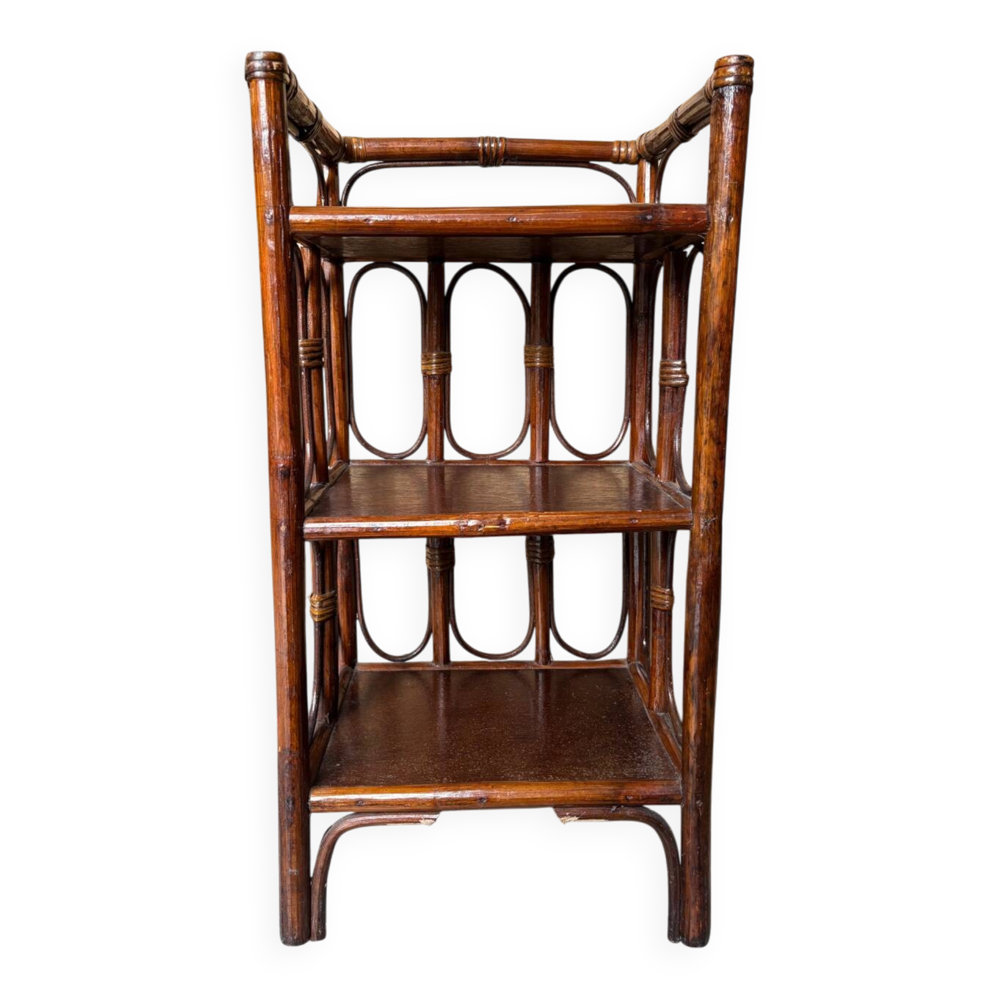 Dark brown 70s bamboo and cane shelf on legs