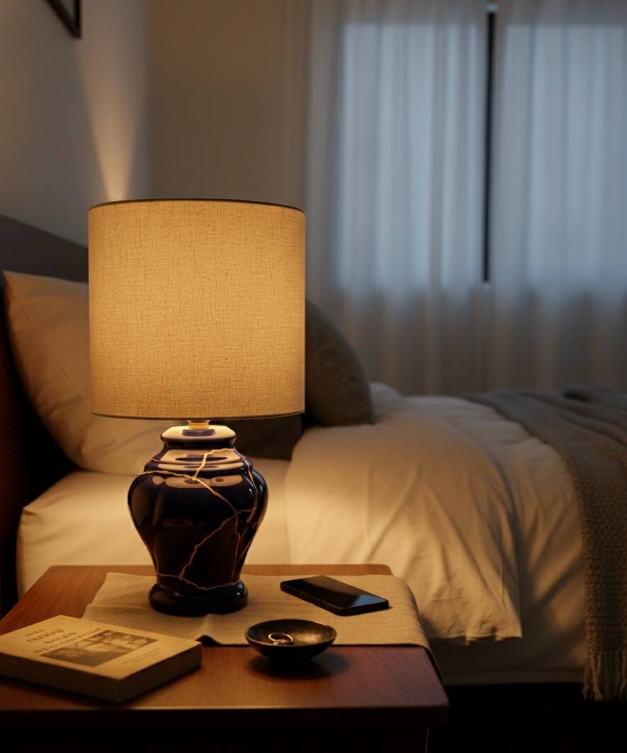 Handcrafted table lamp, ceramic base and Kintsugi with pure silver.