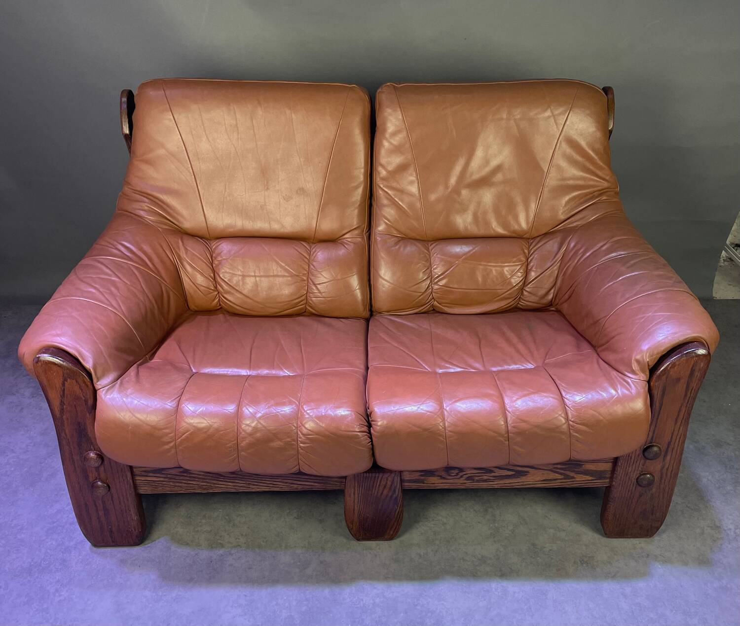 Brutalist style wood and leather sofa