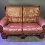 Brutalist style wood and leather sofa