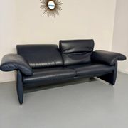 3-seater navy blue leather sofa, design by De Sede DS10, vintage 90s.