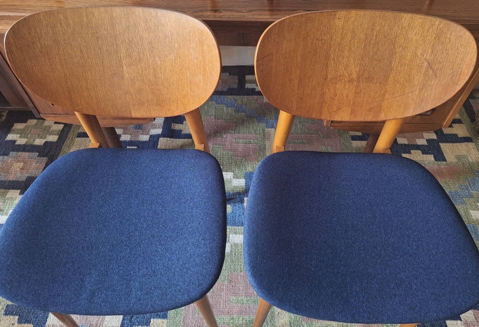 Pair of teak dining chairs with navy blue covers, Denmark 1960s