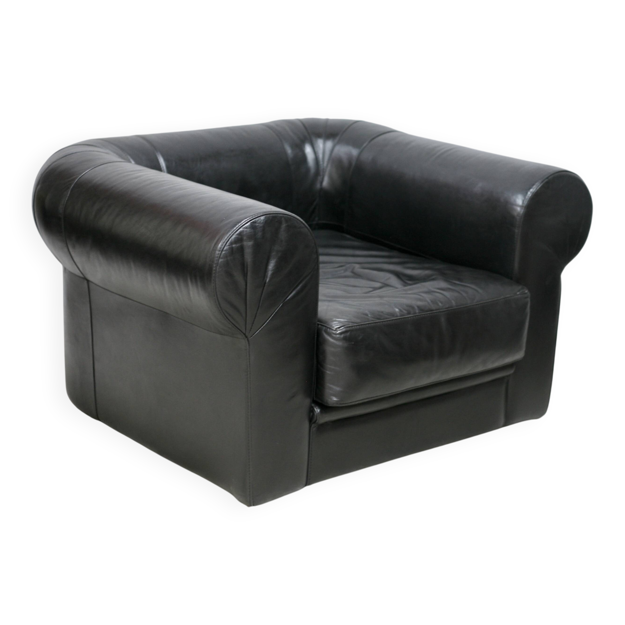 Large black leather armchair, France, 1980s