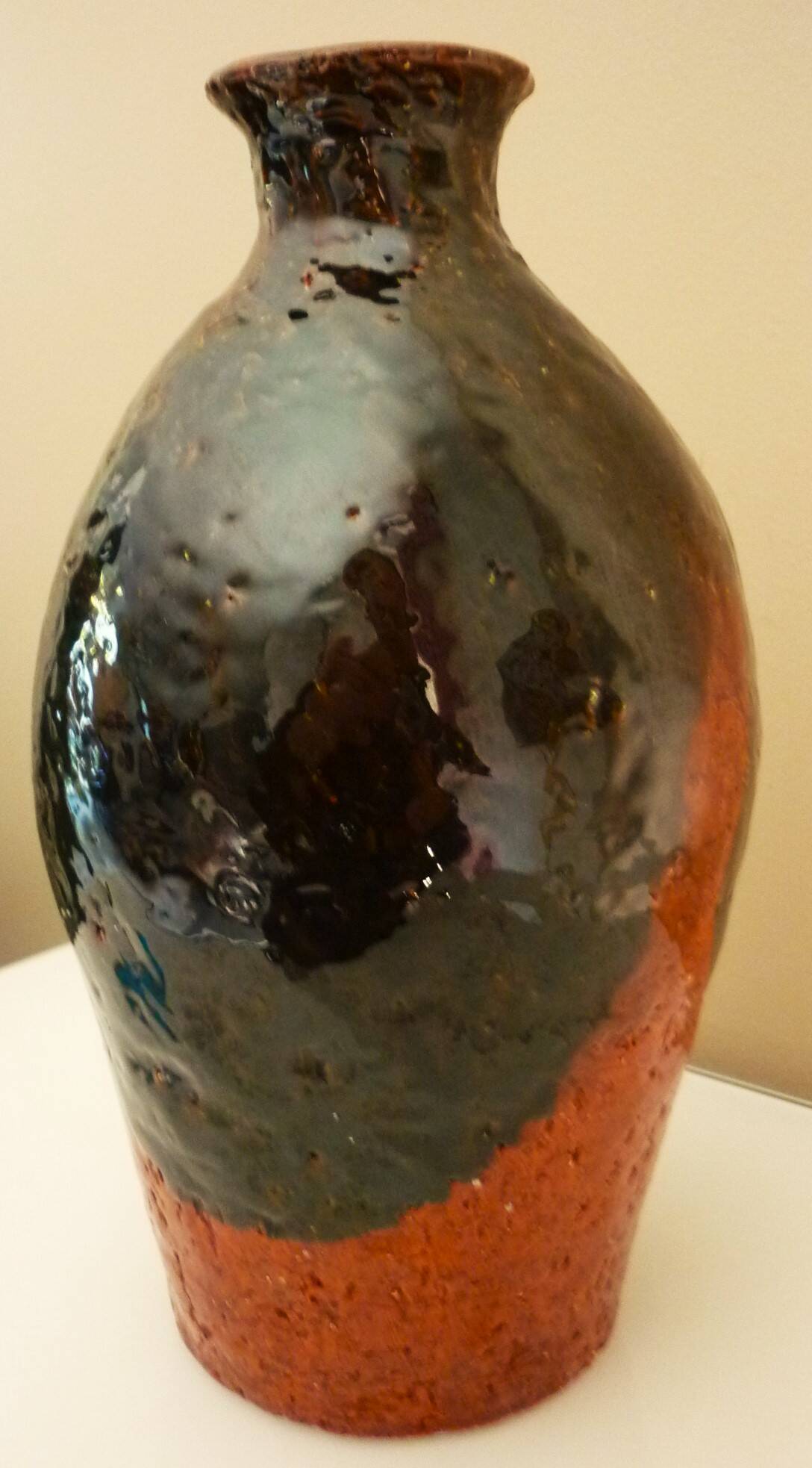 Ceramic vase, chamotte terracotta, enamelled, signature to be identified, vintage