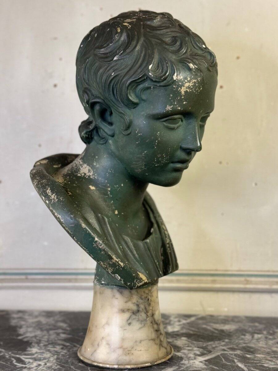 Young Boy, Plaster Bust with Green Patina, Circa 1900
