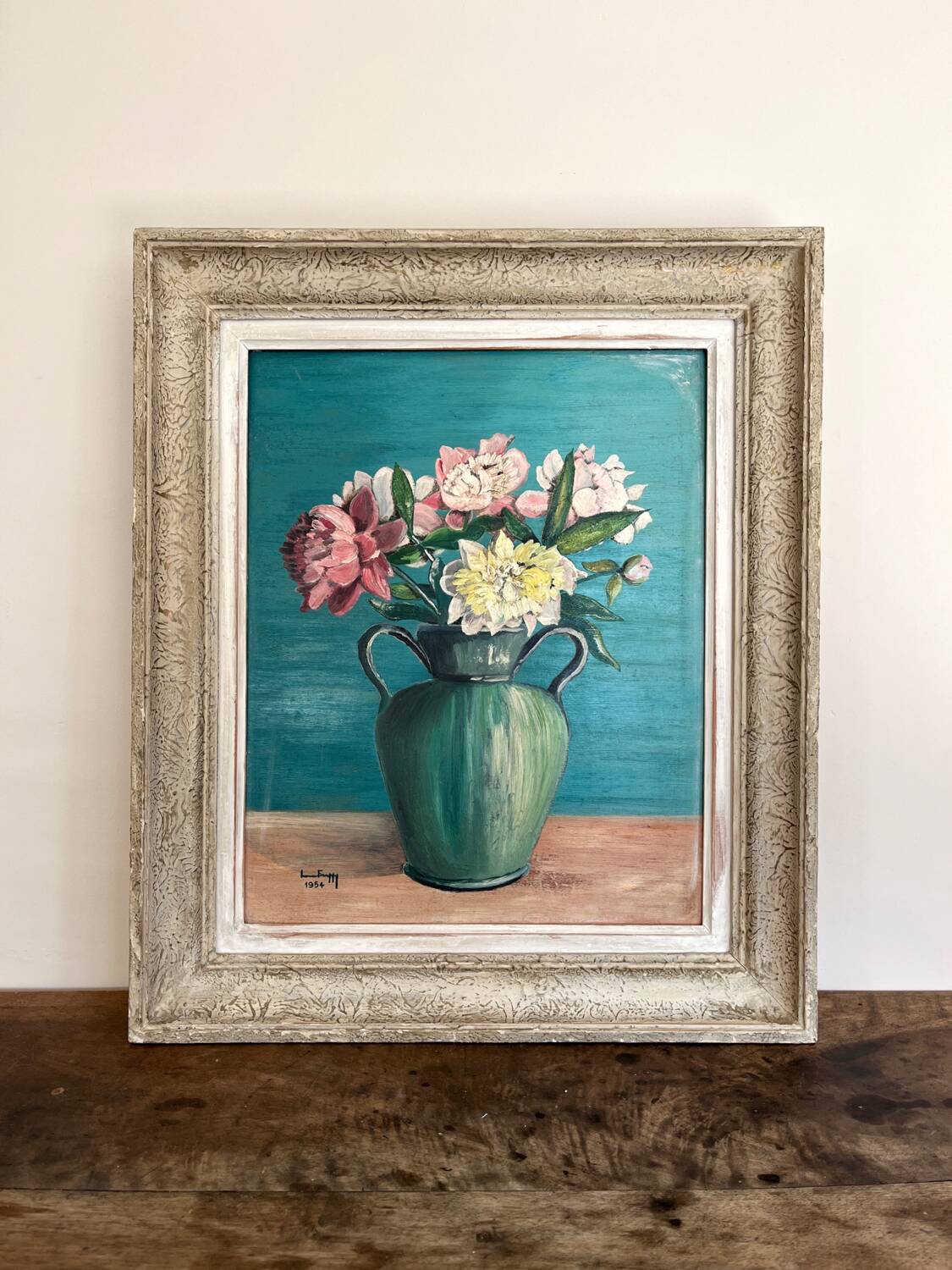 Antique painting, oil on panel, bouquet of peonies