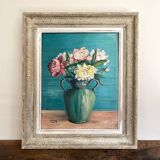 Antique painting, oil on panel, bouquet of peonies