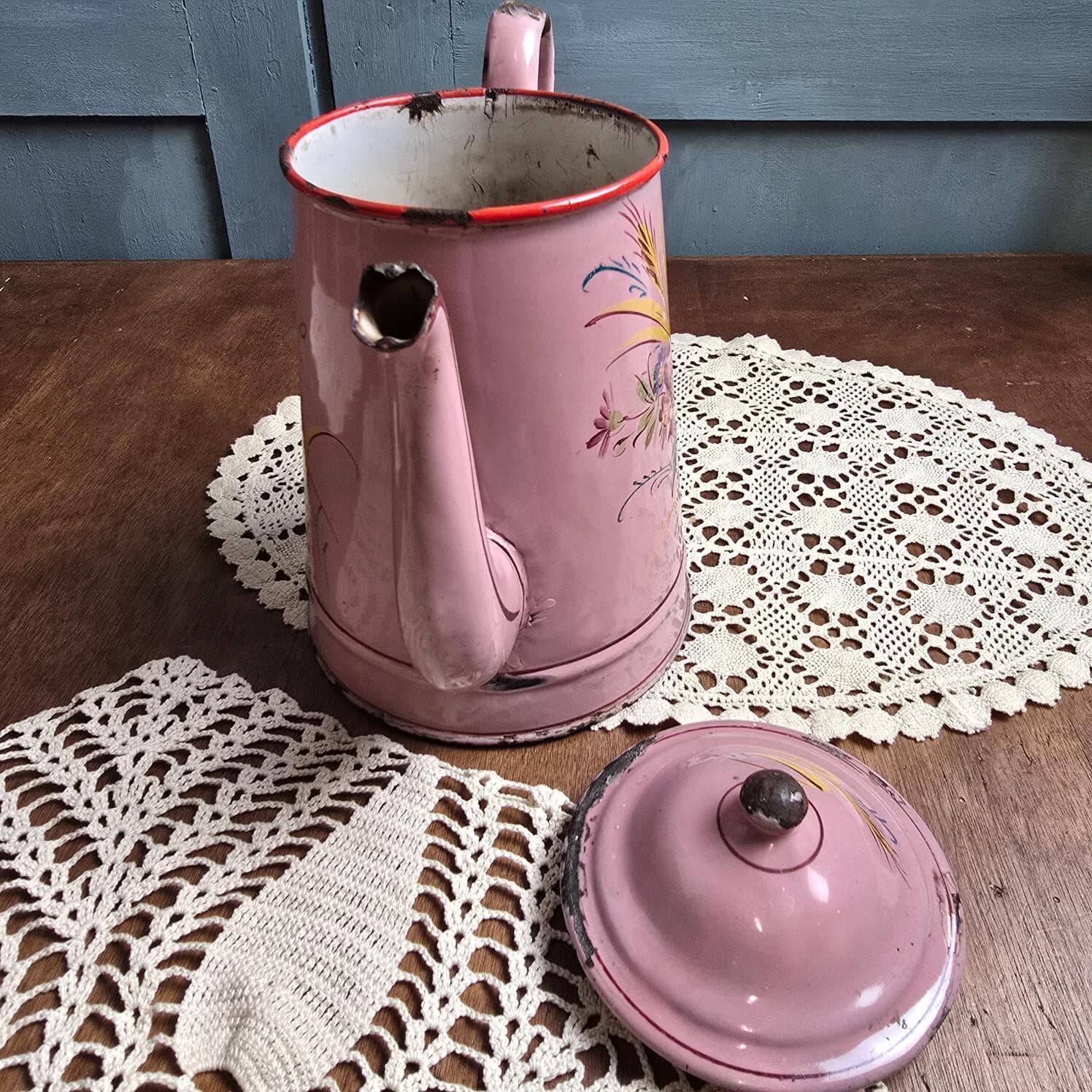 Antique pink enamel coffee pot – Hand-painted floral decoration – 1920s